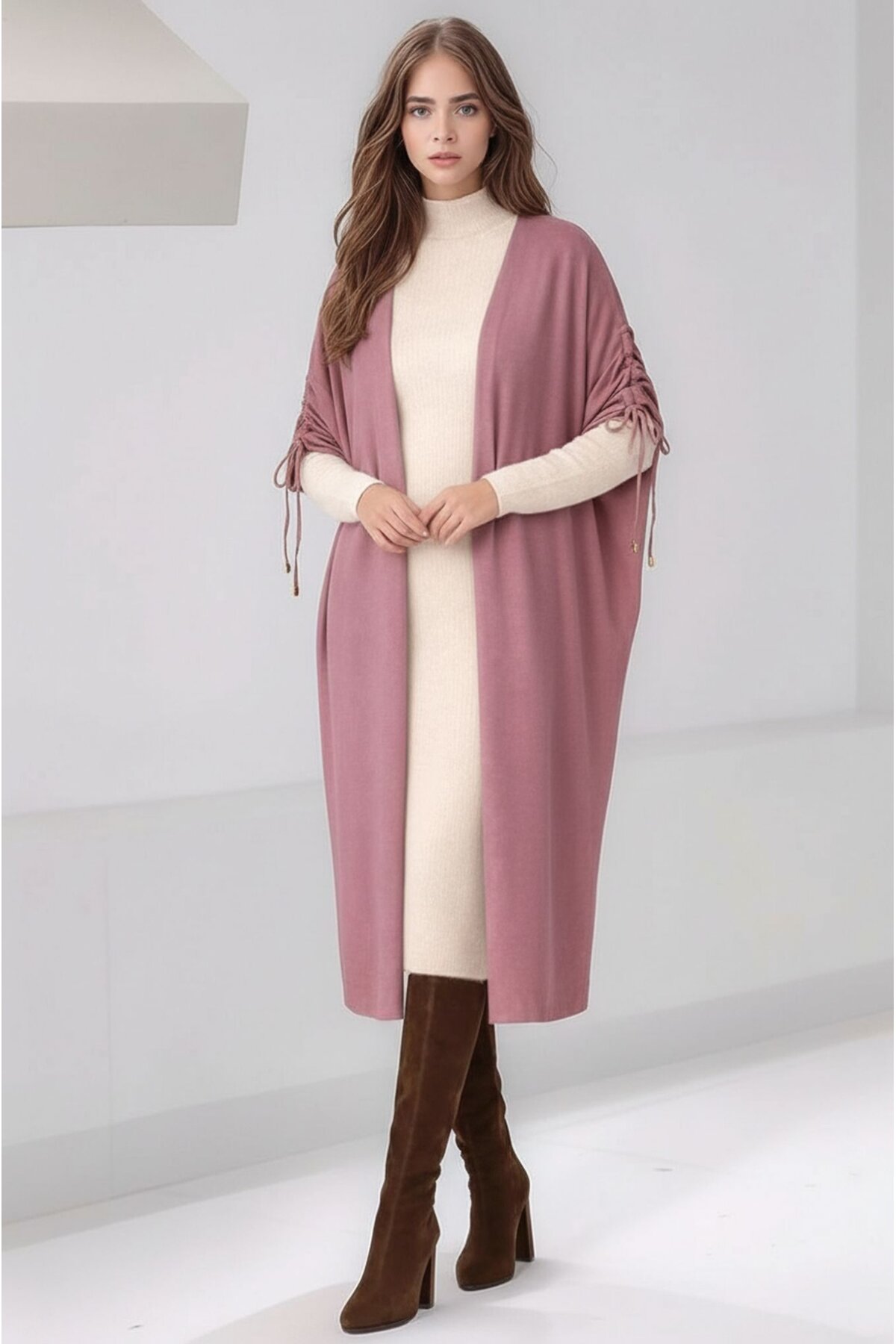 Kadın Tesettüre Uygun Midi Boy Yarasa Kol Omuzdan Bağlamalı Triko Curve Uyumlu Kuşaksız Hırka Ceket