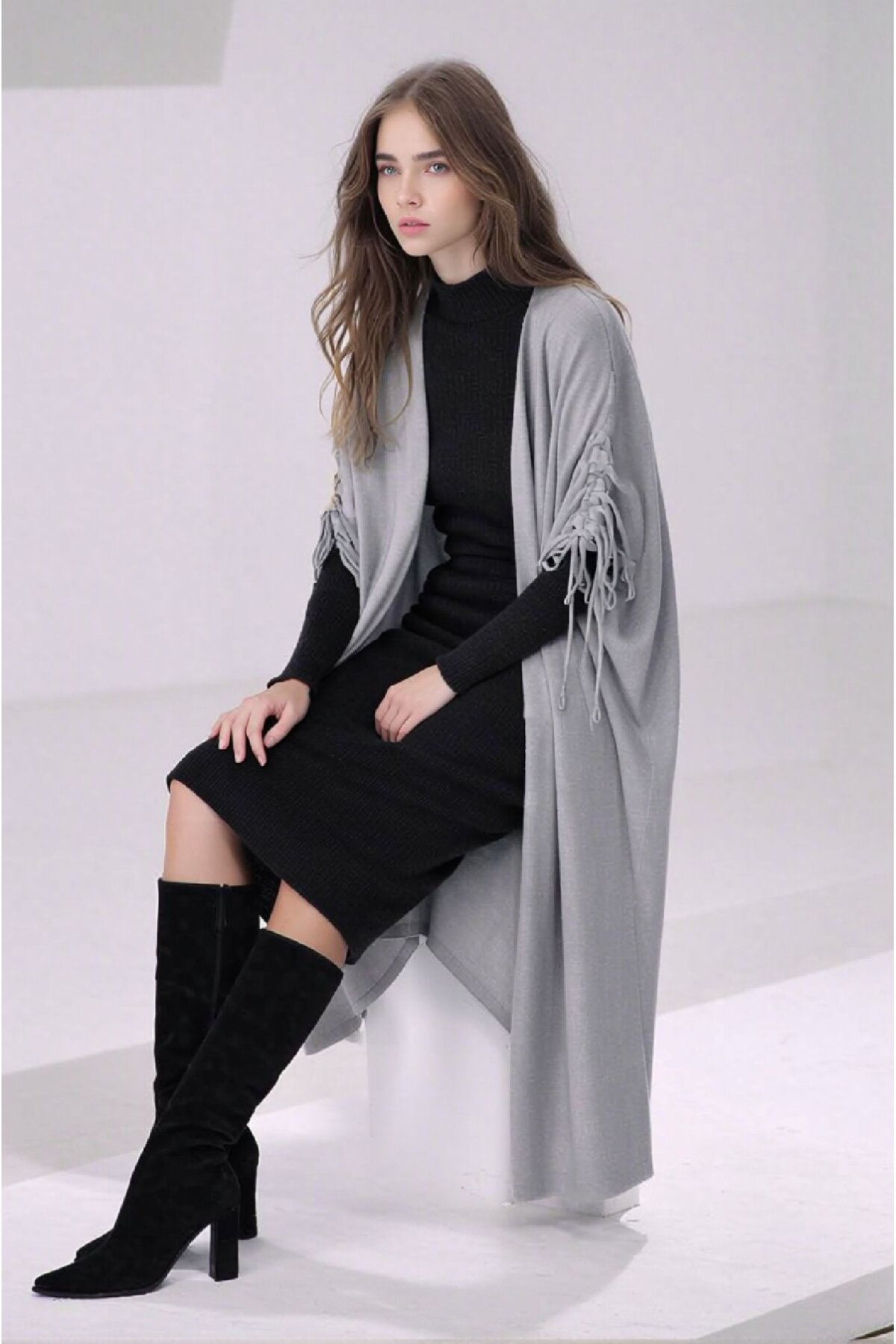 Kadın Tesettüre Uygun Midi Boy Yarasa Kol Omuzdan Bağlamalı Triko Curve Uyumlu Kuşaksız Hırka Ceket