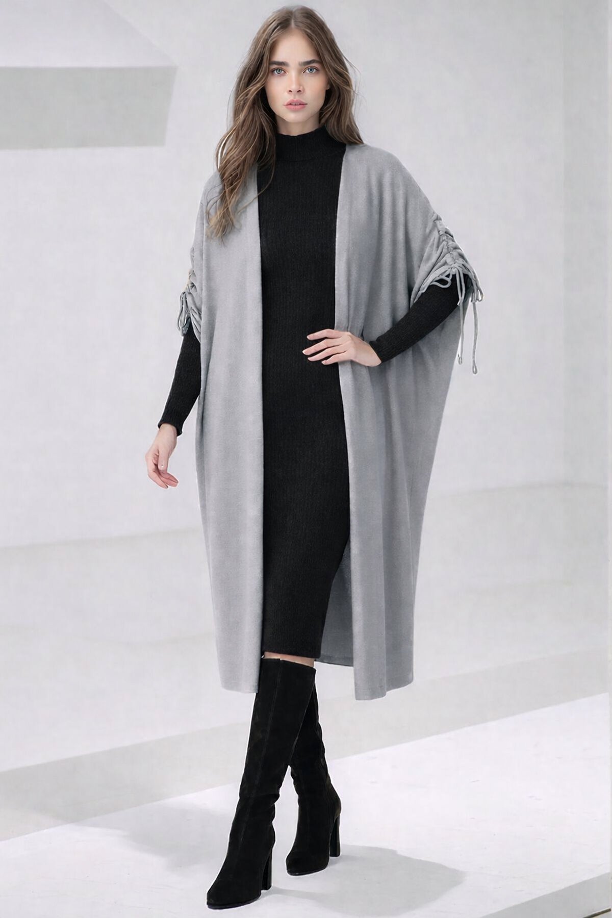 Kadın Tesettüre Uygun Midi Boy Yarasa Kol Omuzdan Bağlamalı Triko Curve Uyumlu Kuşaksız Hırka Ceket