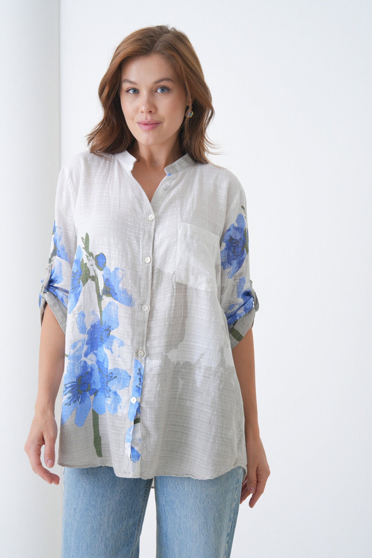 Kadın Tesettüre Uygun Uzun Kol Pamuk Şık Büyük Beden Desenli Curve Rahat İtalyan Keten Gömlek