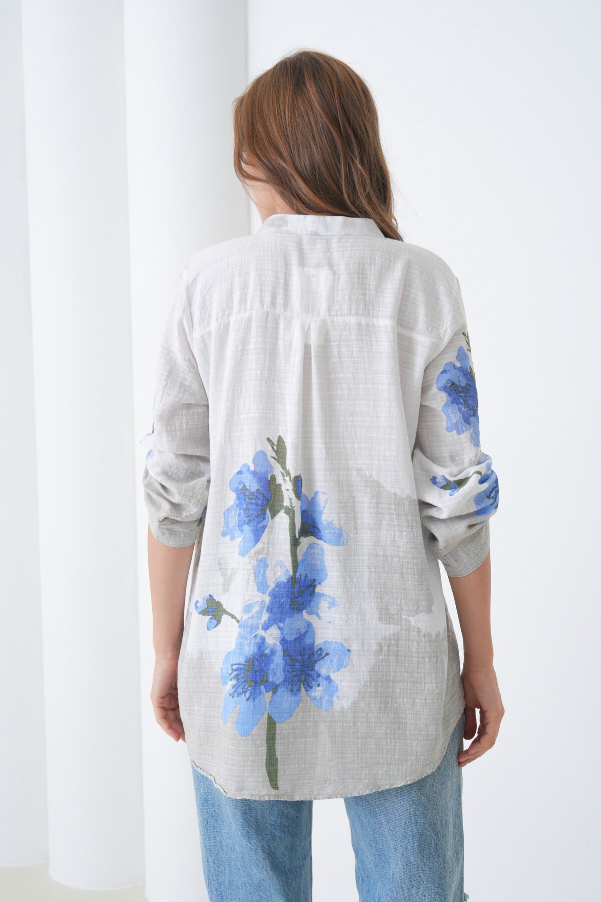 Kadın Tesettüre Uygun Uzun Kol Pamuk Şık Büyük Beden Desenli Curve Rahat İtalyan Keten Gömlek