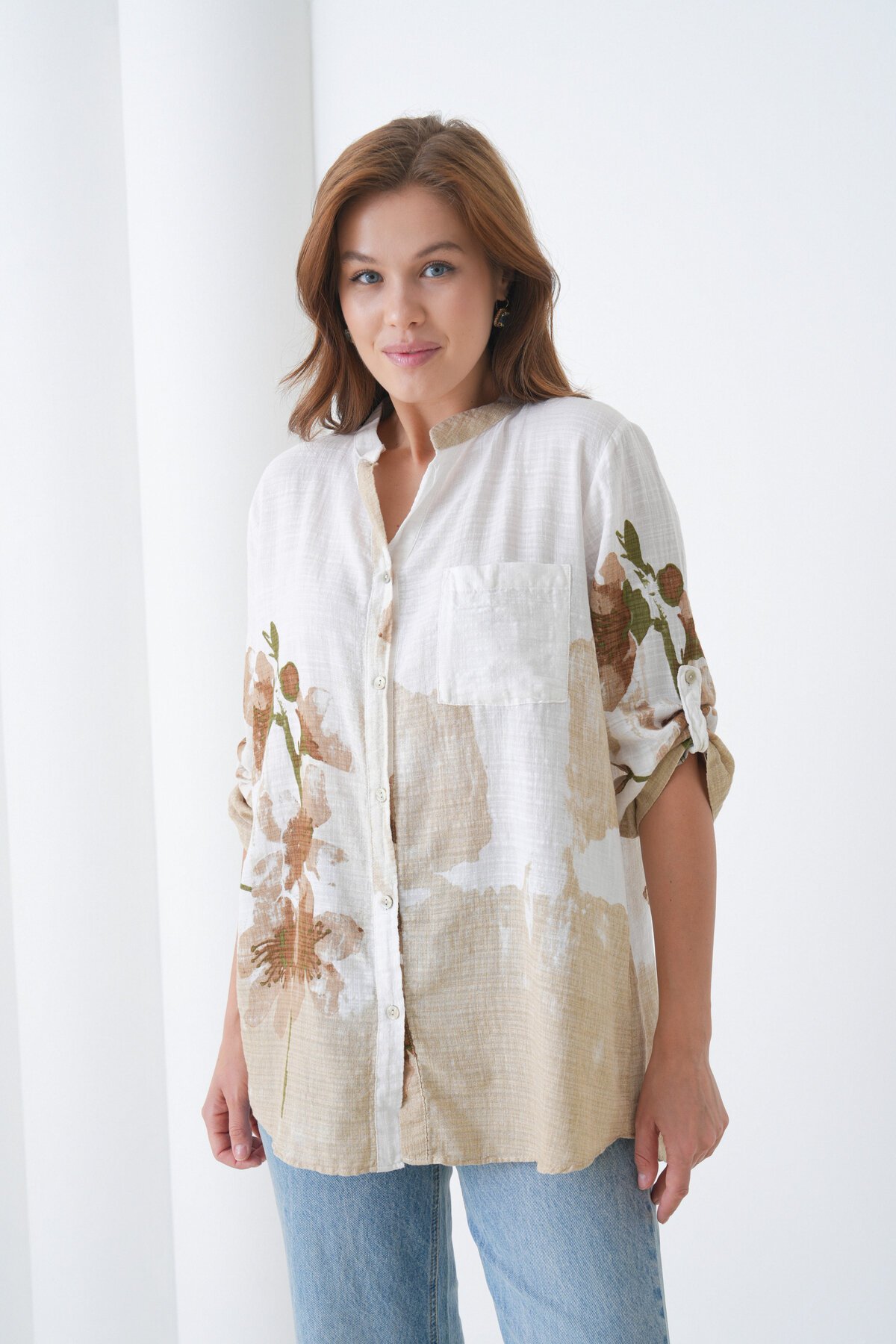 Kadın Tesettüre Uygun Uzun Kol Pamuk Şık Büyük Beden Desenli Curve Rahat İtalyan Keten Gömlek