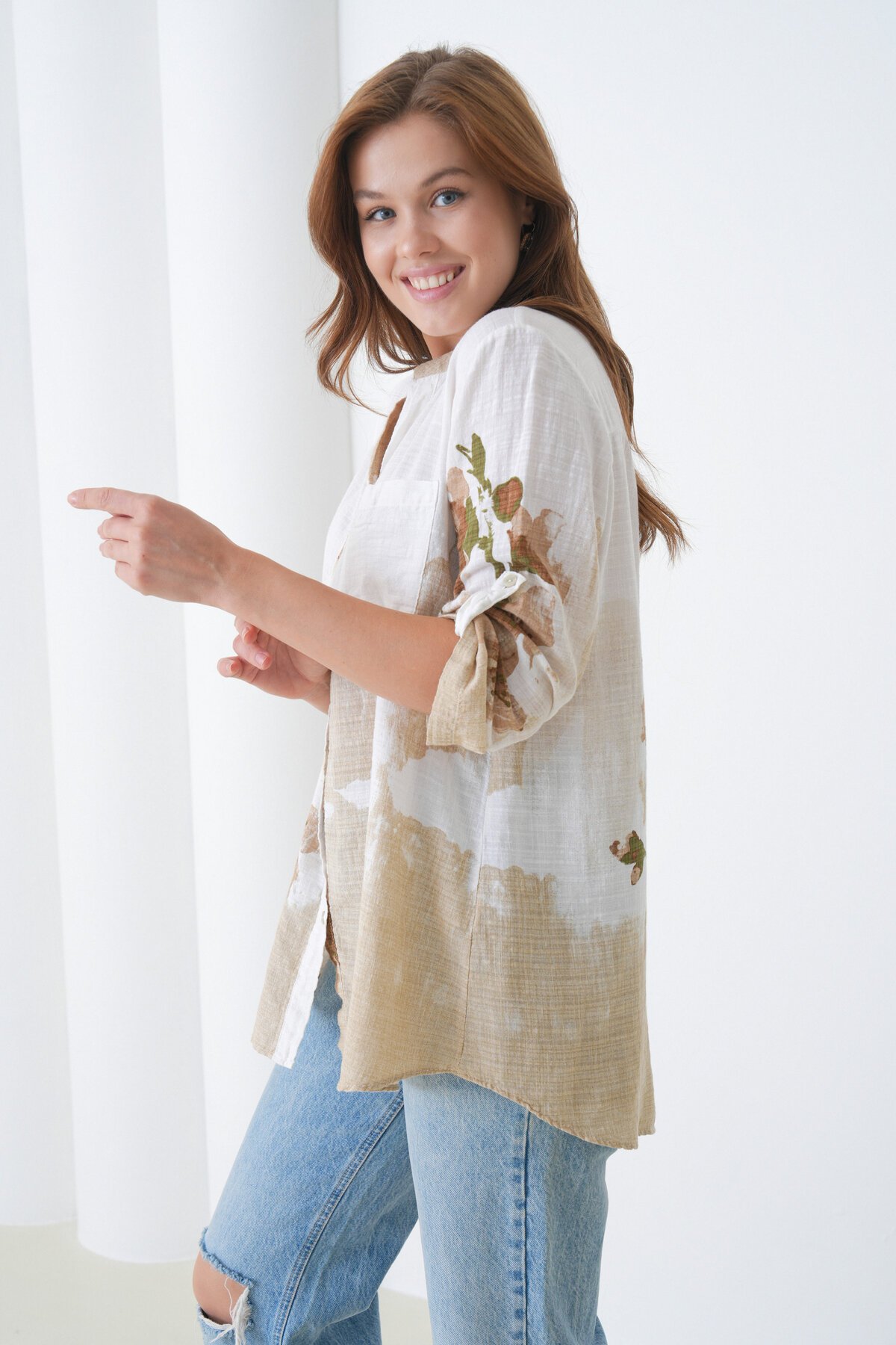 Kadın Tesettüre Uygun Uzun Kol Pamuk Şık Büyük Beden Desenli Curve Rahat İtalyan Keten Gömlek