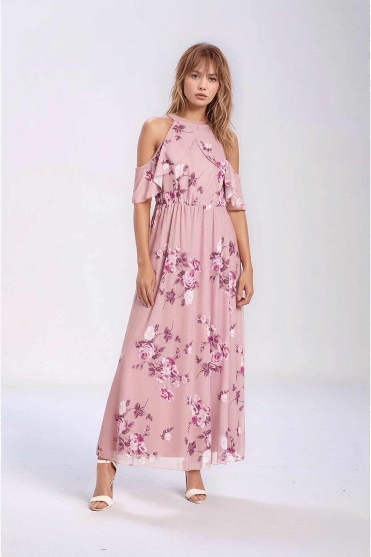 Kadın Tül Detaylı Omzu Açık Şık Rahat Kalıp Büyük Beden Curve Abiye Elbise