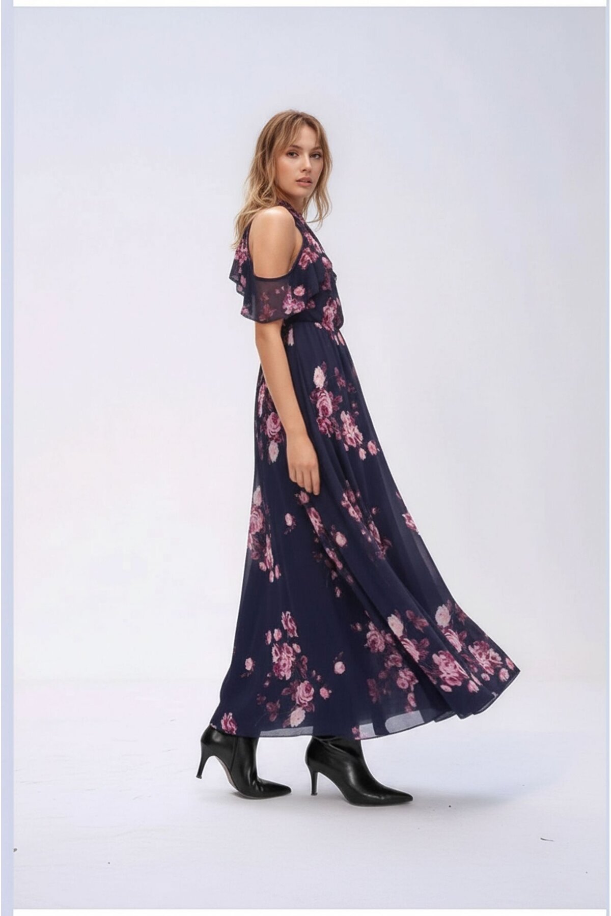 Kadın Tül Detaylı Omzu Açık Şık Rahat Kalıp Büyük Beden Curve Abiye Elbise