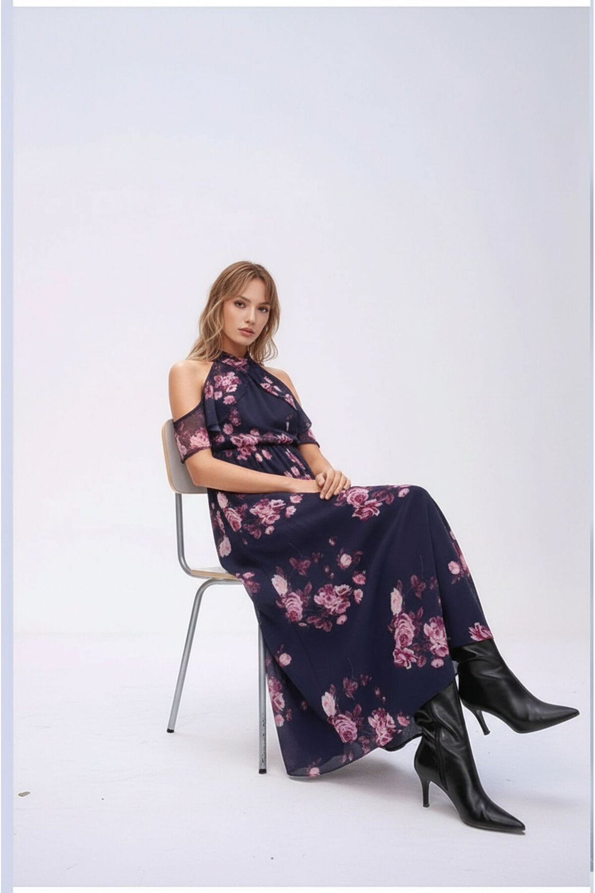 Kadın Tül Detaylı Omzu Açık Şık Rahat Kalıp Büyük Beden Curve Abiye Elbise