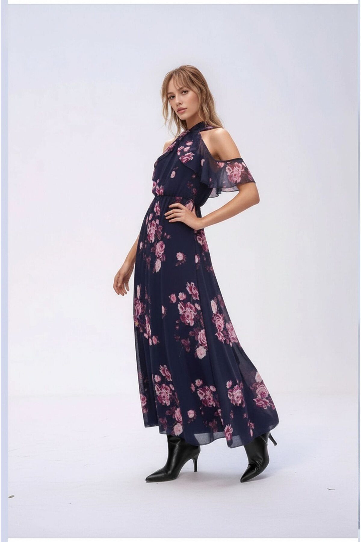 Kadın Tül Detaylı Omzu Açık Şık Rahat Kalıp Büyük Beden Curve Abiye Elbise