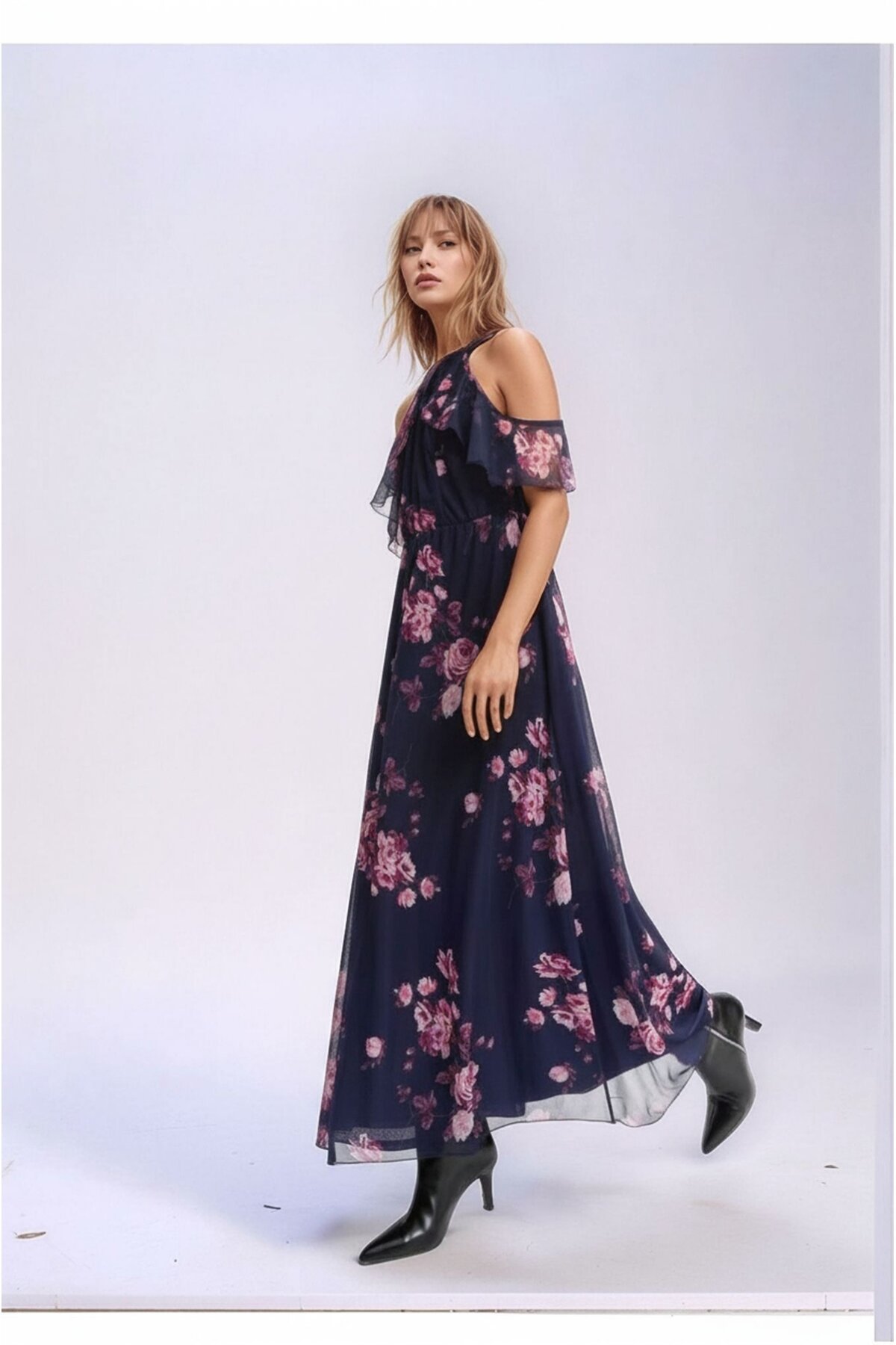 Kadın Tül Detaylı Omzu Açık Şık Rahat Kalıp Büyük Beden Curve Abiye Elbise