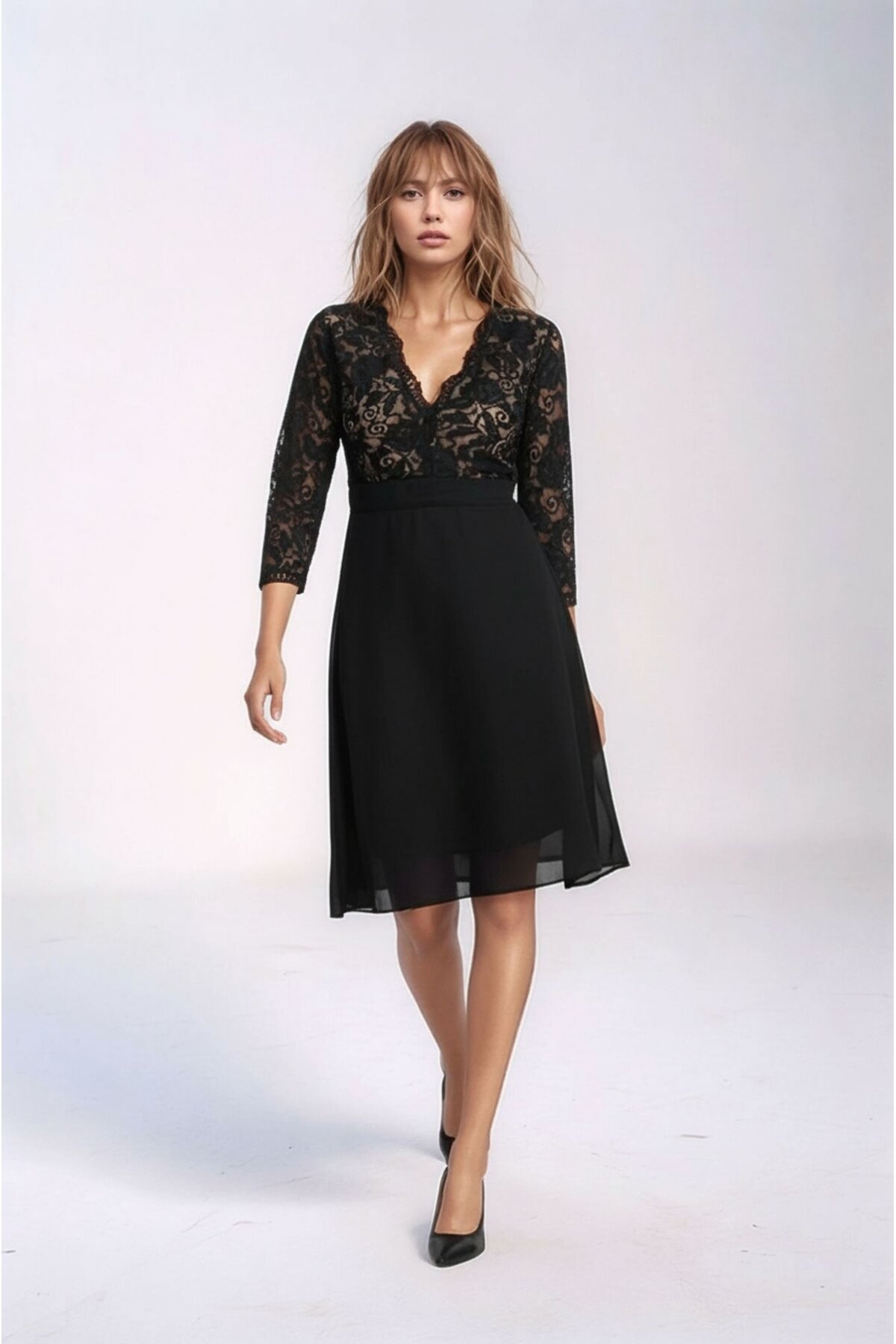 Kadın Tül Yaka Detaylı Truvakor Kol Şık Rahat Kalıp Büyük Beden Curve Abiye Gece Elbisesi