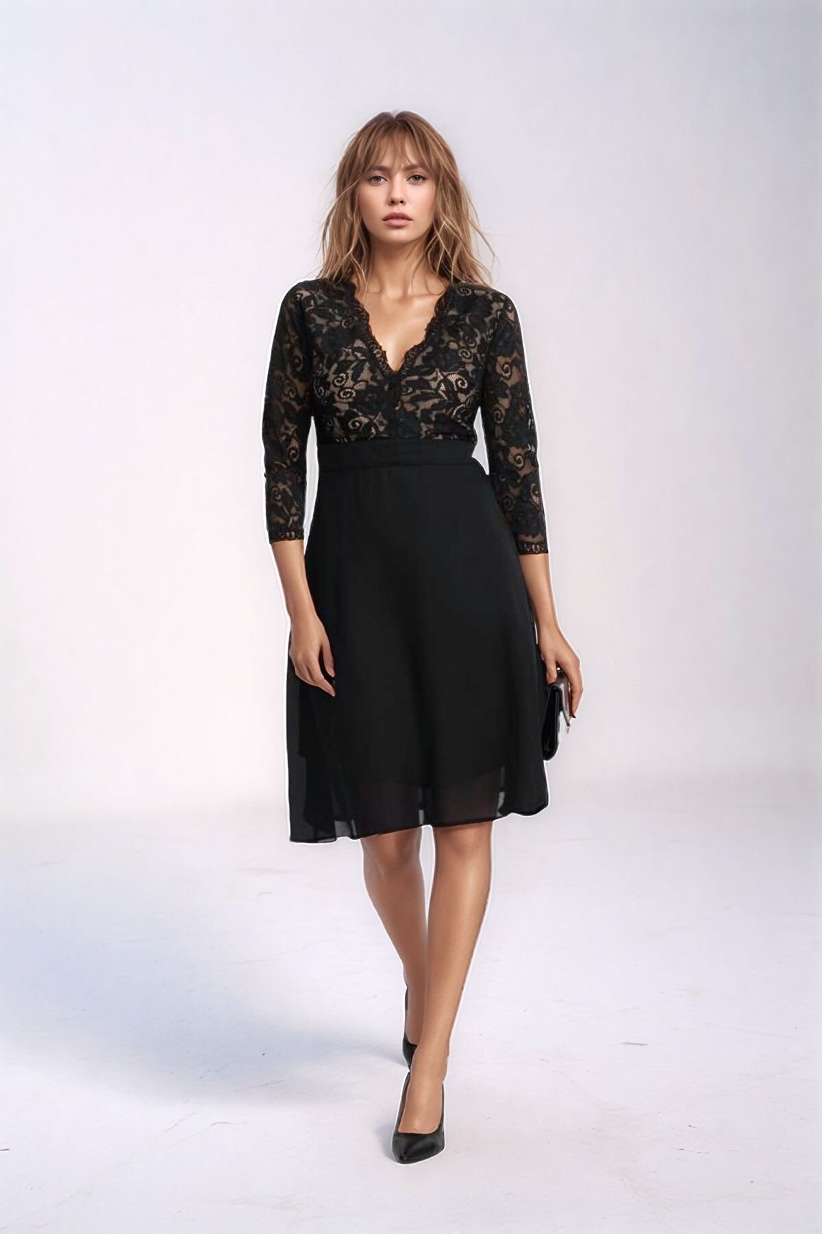 Kadın Tül Yaka Detaylı Truvakor Kol Şık Rahat Kalıp Büyük Beden Curve Abiye Gece Elbisesi