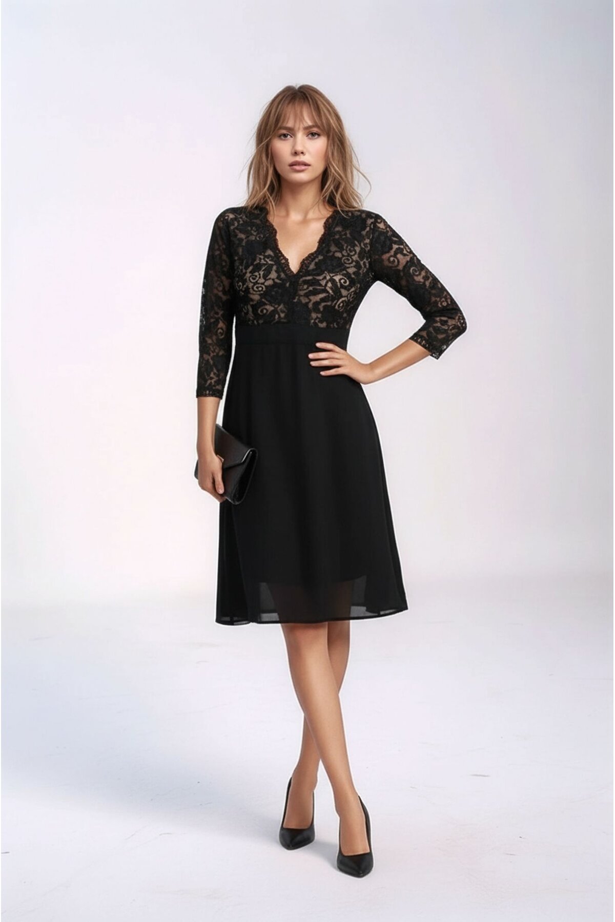 Kadın Tül Yaka Detaylı Truvakor Kol Şık Rahat Kalıp Büyük Beden Curve Abiye Gece Elbisesi