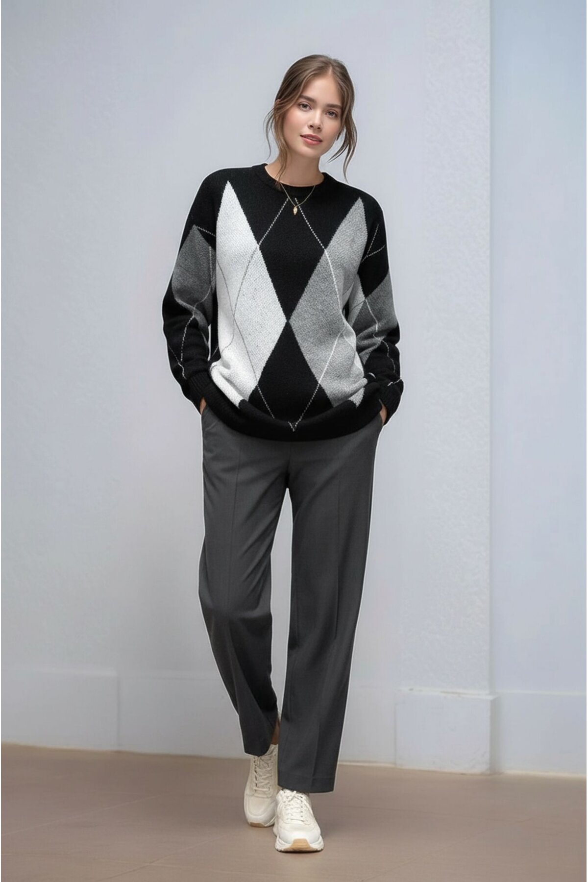 Kadın Uzun Kol Baklava Desen Bisiklet Yaka Tunik Boy Triko Büyük Beden Oversize Kazak Tunik