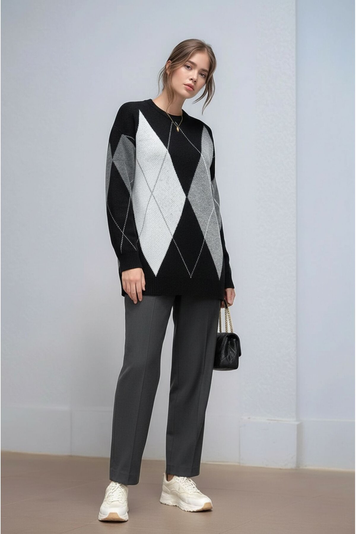 Kadın Uzun Kol Baklava Desen Bisiklet Yaka Tunik Boy Triko Büyük Beden Oversize Kazak Tunik