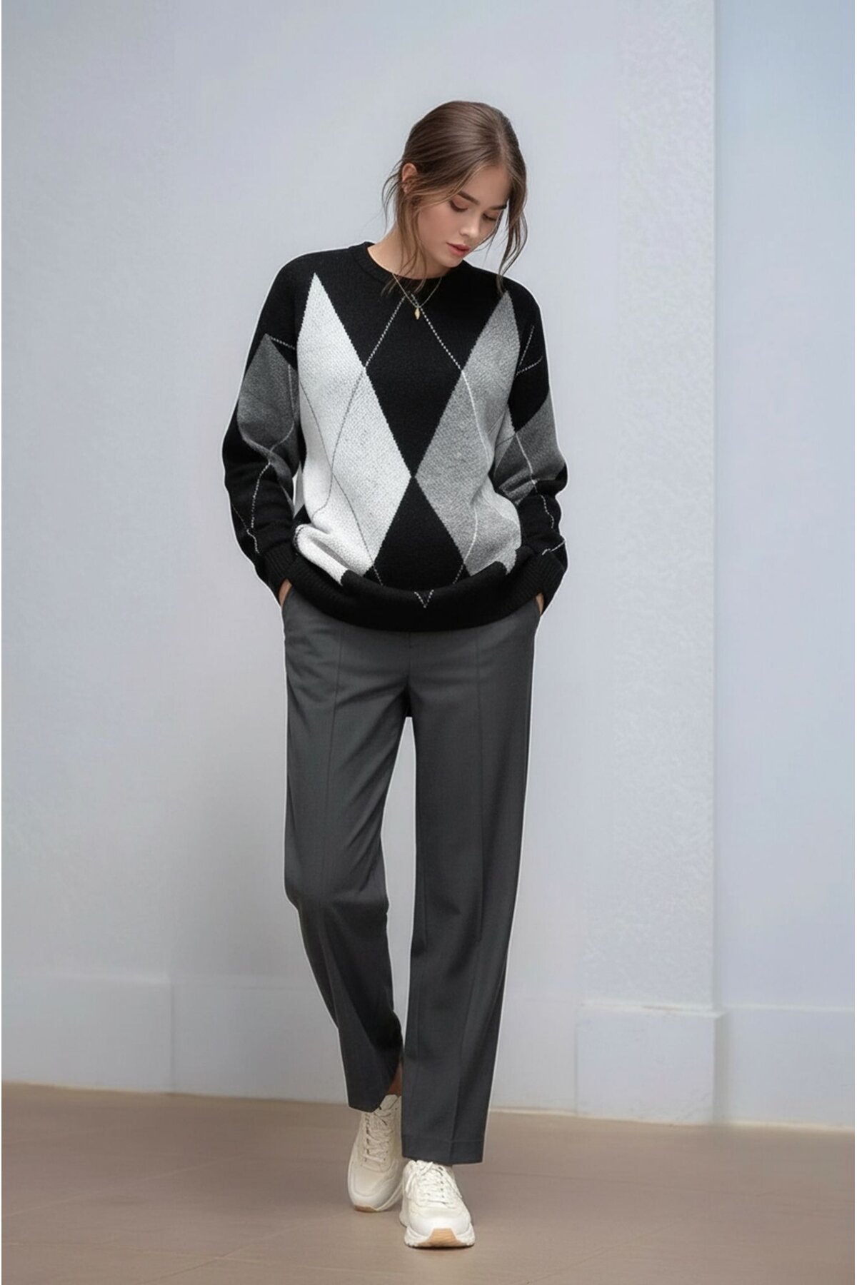 Kadın Uzun Kol Baklava Desen Bisiklet Yaka Tunik Boy Triko Büyük Beden Oversize Kazak Tunik