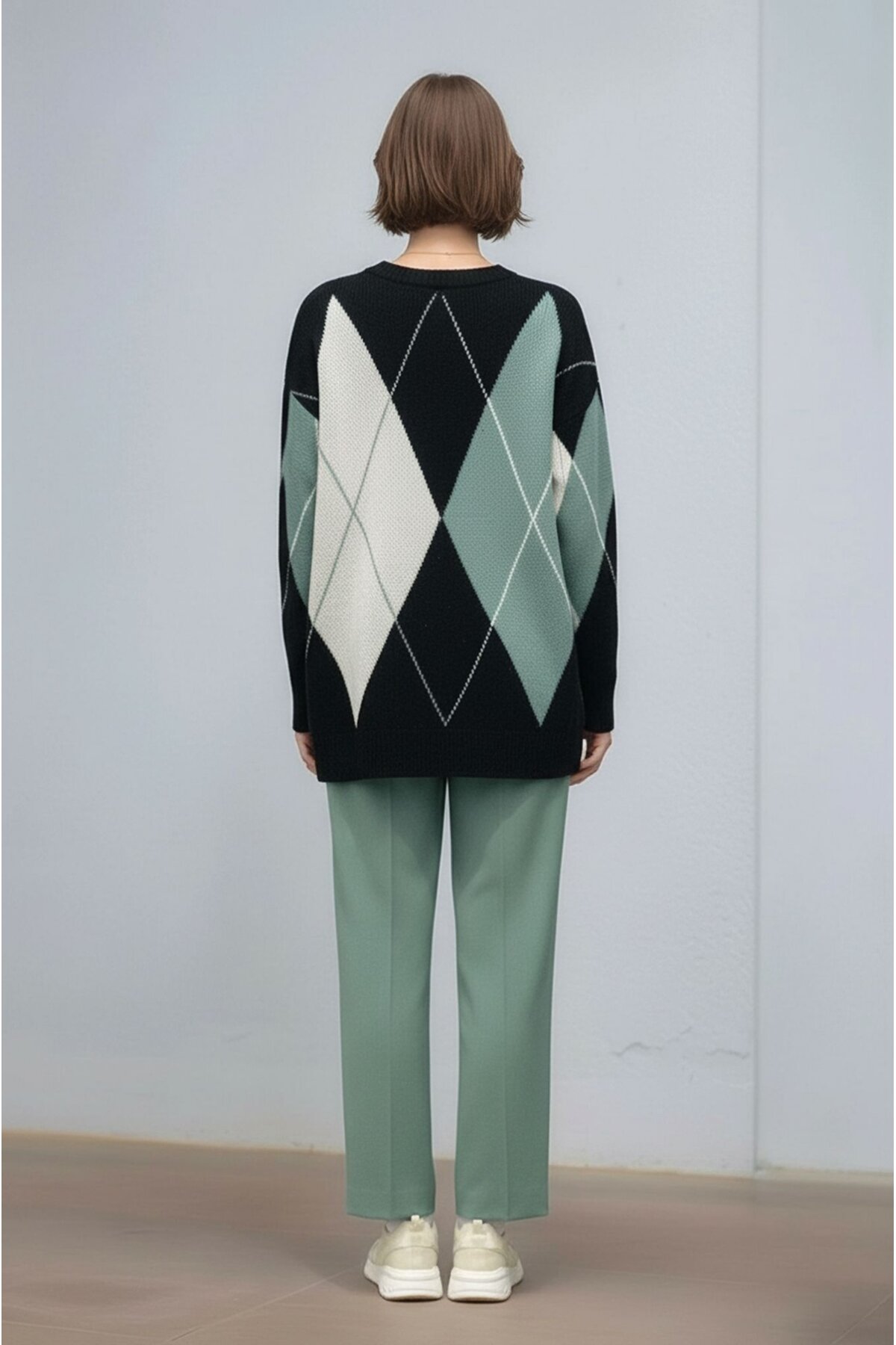 Kadın Uzun Kol Baklava Desen Bisiklet Yaka Tunik Boy Triko Büyük Beden Oversize Kazak Tunik