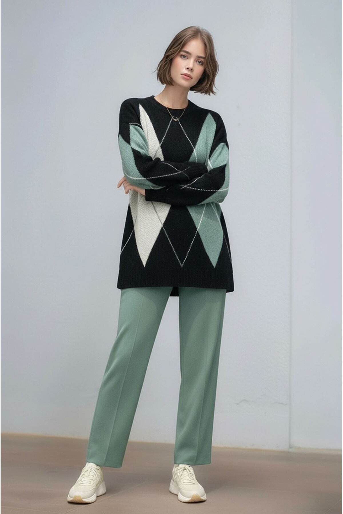 Kadın Uzun Kol Baklava Desen Bisiklet Yaka Tunik Boy Triko Büyük Beden Oversize Kazak Tunik