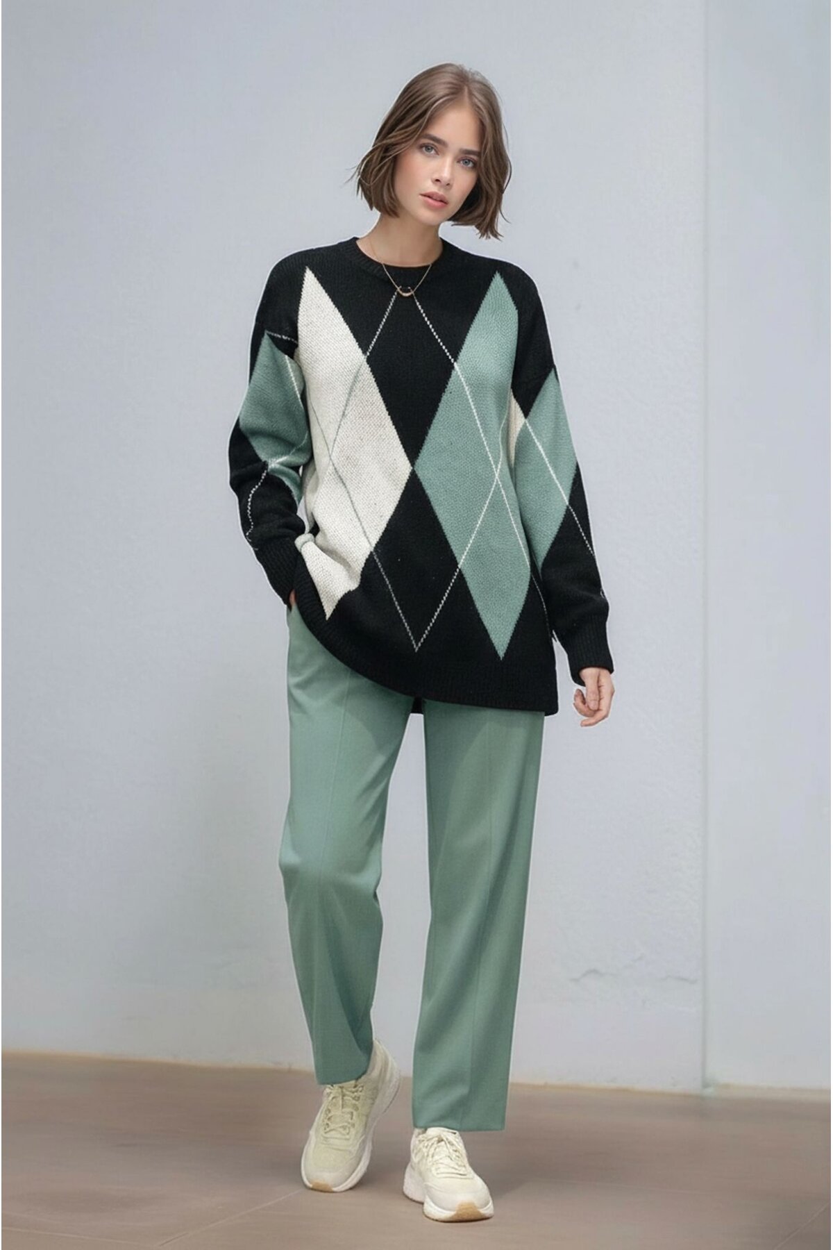 Kadın Uzun Kol Baklava Desen Bisiklet Yaka Tunik Boy Triko Büyük Beden Oversize Kazak Tunik