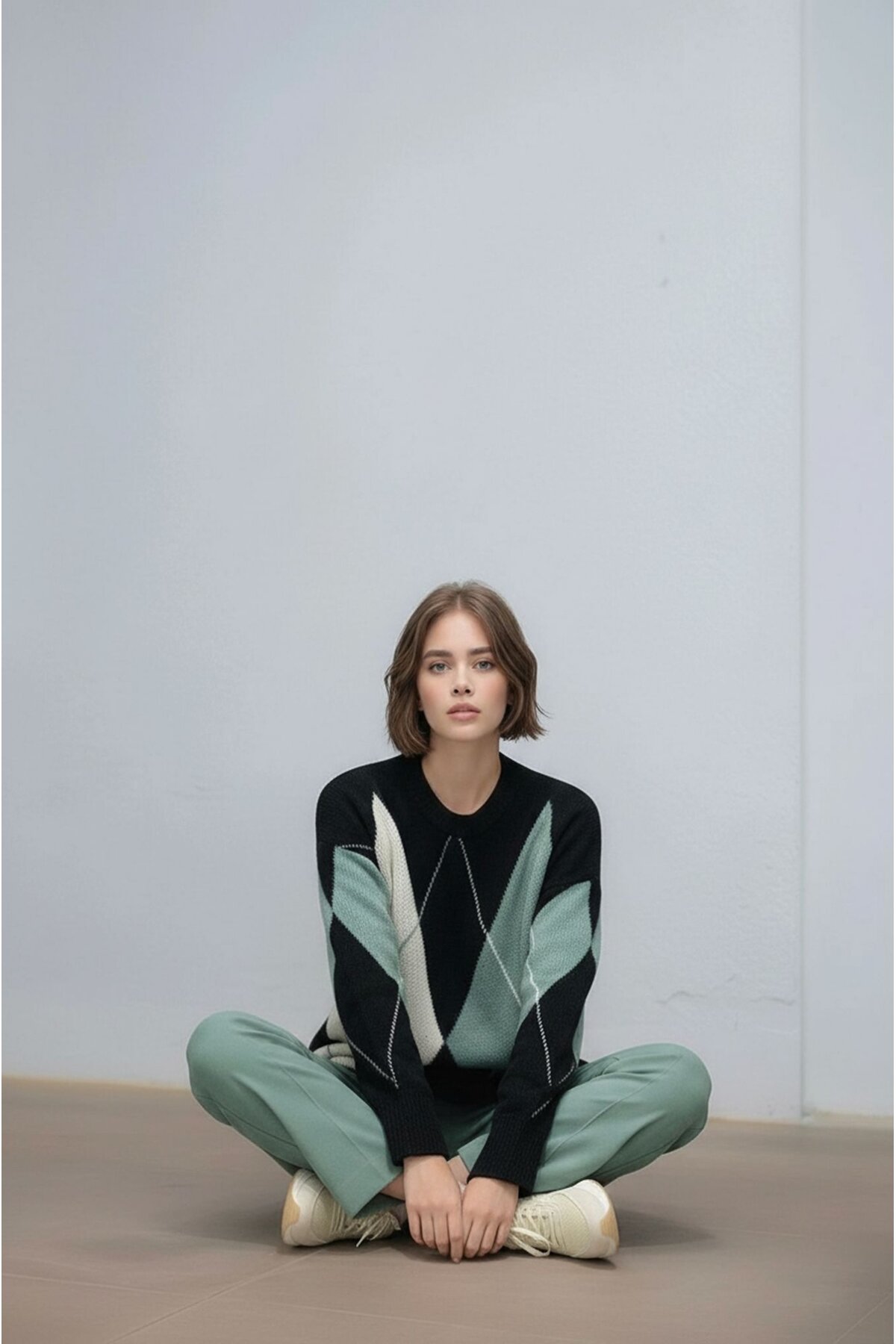 Kadın Uzun Kol Baklava Desen Bisiklet Yaka Tunik Boy Triko Büyük Beden Oversize Kazak Tunik