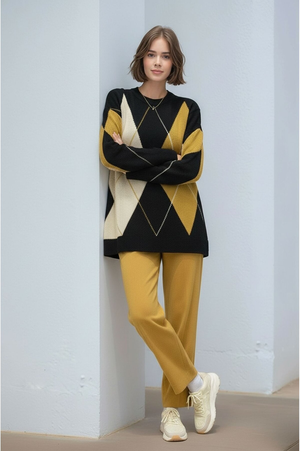 Kadın Uzun Kol Baklava Desen Bisiklet Yaka Tunik Boy Triko Büyük Beden Oversize Kazak Tunik