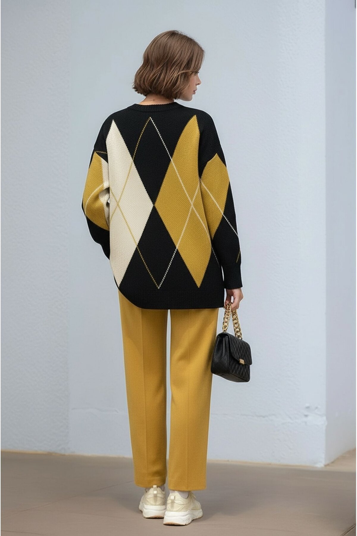 Kadın Uzun Kol Baklava Desen Bisiklet Yaka Tunik Boy Triko Büyük Beden Oversize Kazak Tunik