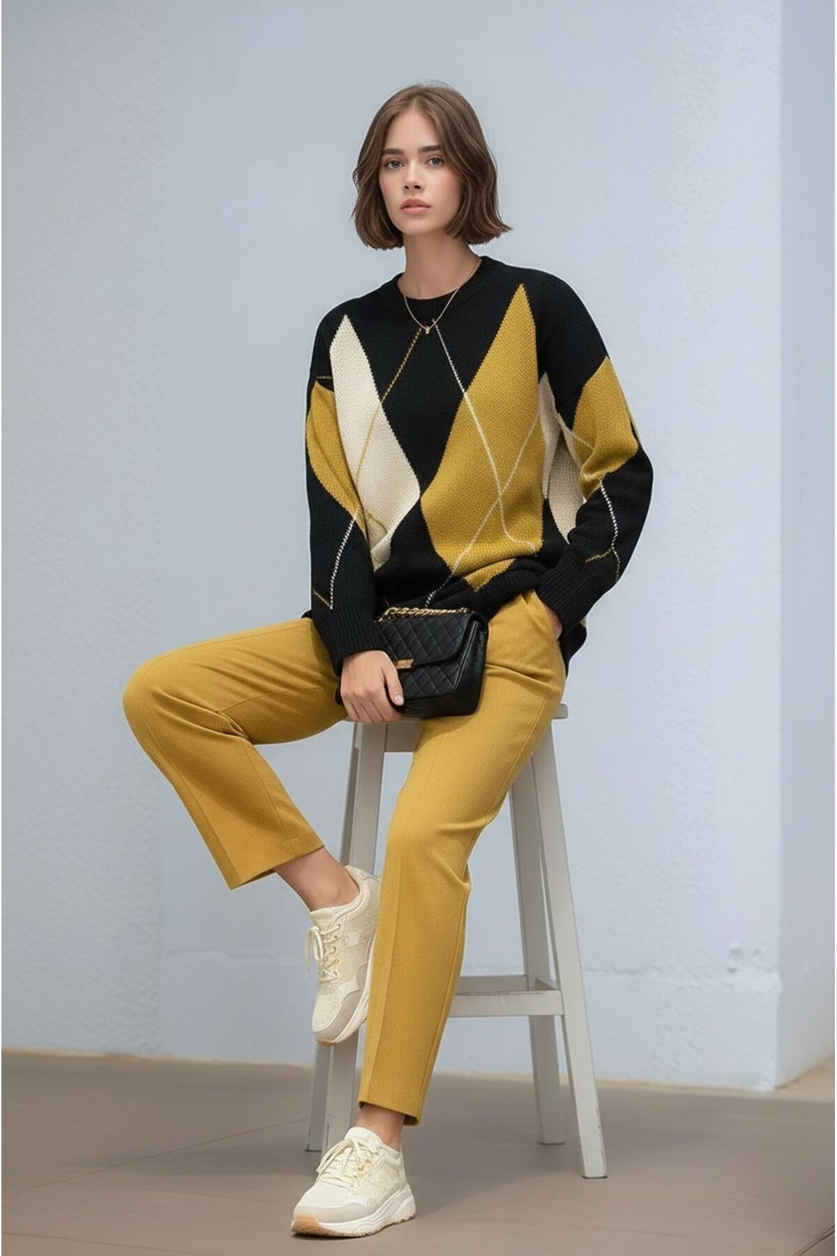 Kadın Uzun Kol Baklava Desen Bisiklet Yaka Tunik Boy Triko Büyük Beden Oversize Kazak Tunik