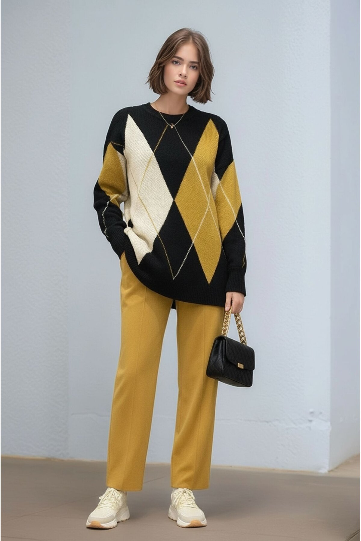 Kadın Uzun Kol Baklava Desen Bisiklet Yaka Tunik Boy Triko Büyük Beden Oversize Kazak Tunik