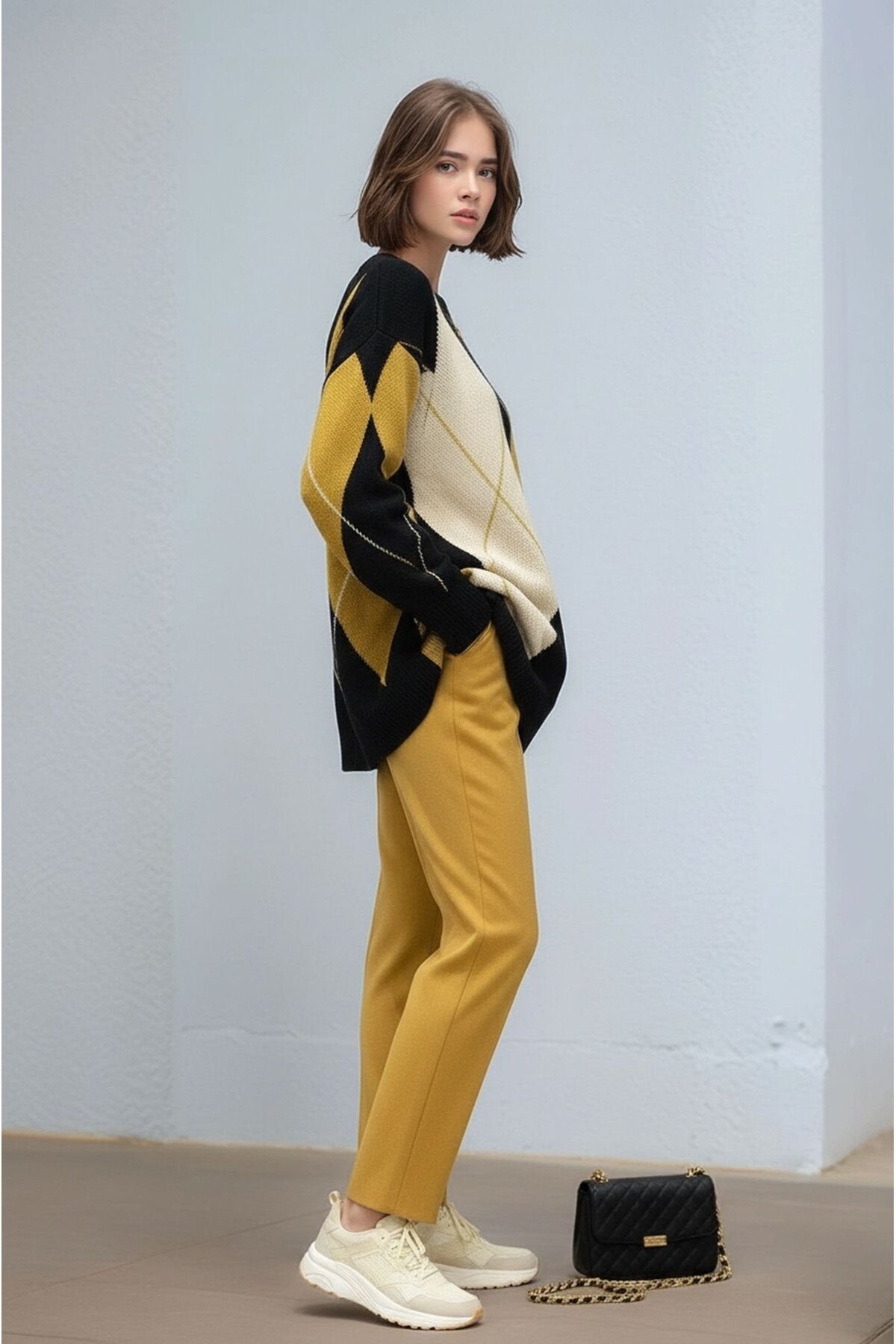 Kadın Uzun Kol Baklava Desen Bisiklet Yaka Tunik Boy Triko Büyük Beden Oversize Kazak Tunik