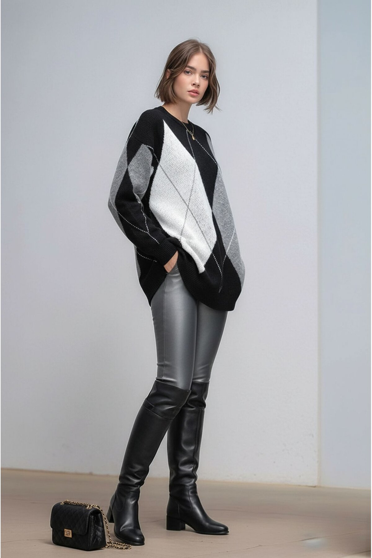 Kadın Uzun Kol Baklava Desen Bisiklet Yaka Tunik Boy Triko Büyük Beden Oversize Kazak Tunik