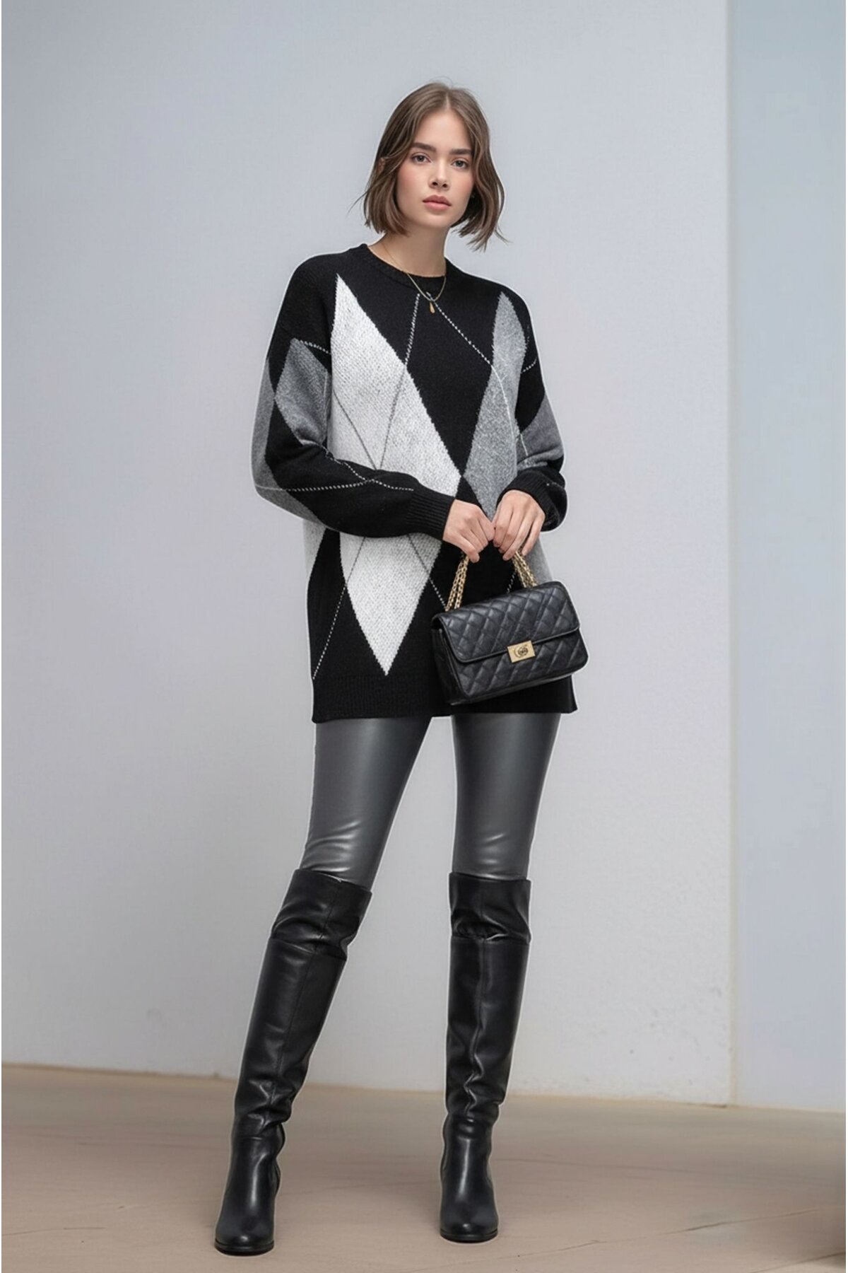 Kadın Uzun Kol Baklava Desen Bisiklet Yaka Tunik Boy Triko Büyük Beden Oversize Kazak Tunik