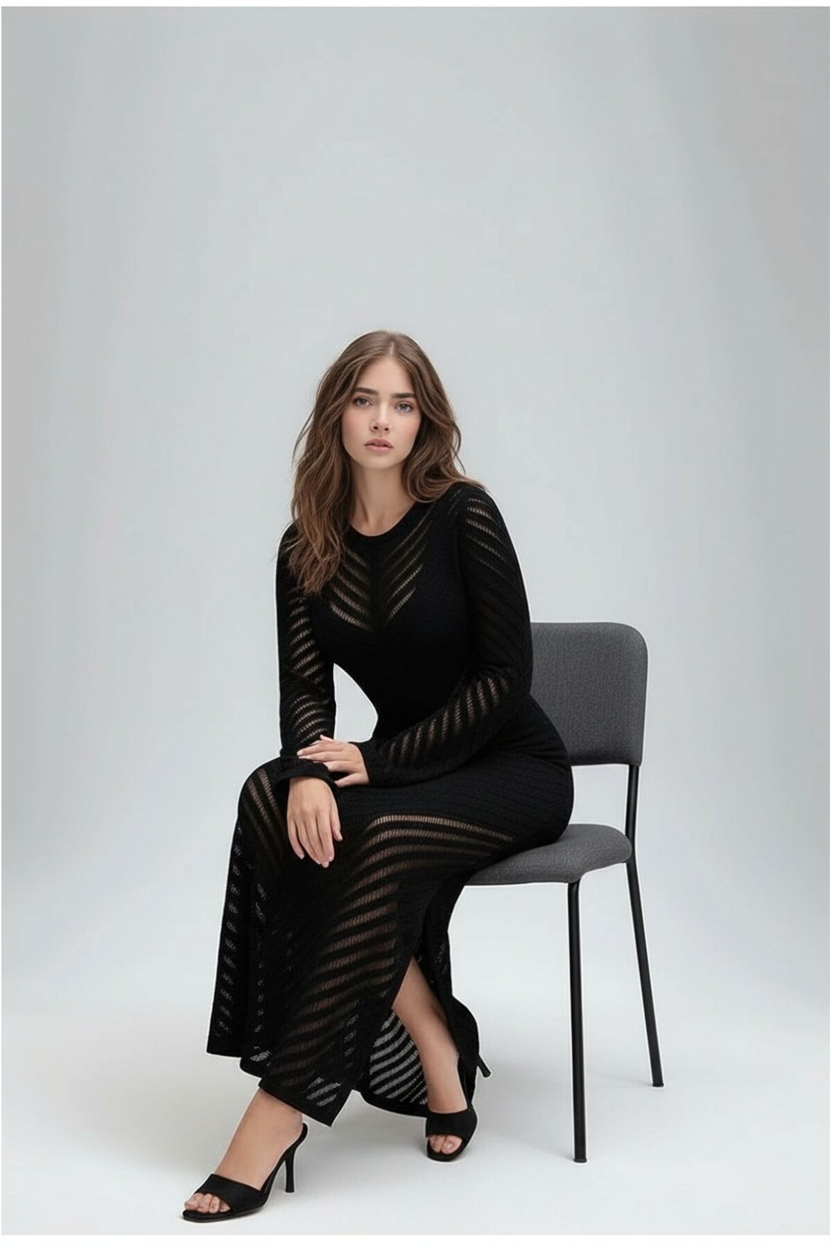 Kadın Uzun Kol Bisiklet Yaka Ajurlu Asimetrik Çan Etek İnce Pamuk Triko Tasarım Yırtmaçlı Elbise