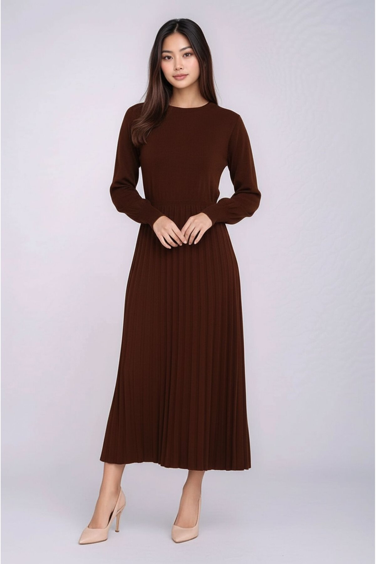 Kadın Uzun Kol Bisiklet Yaka Belden Asimetrik Etek Triko Spor Şık Elbise