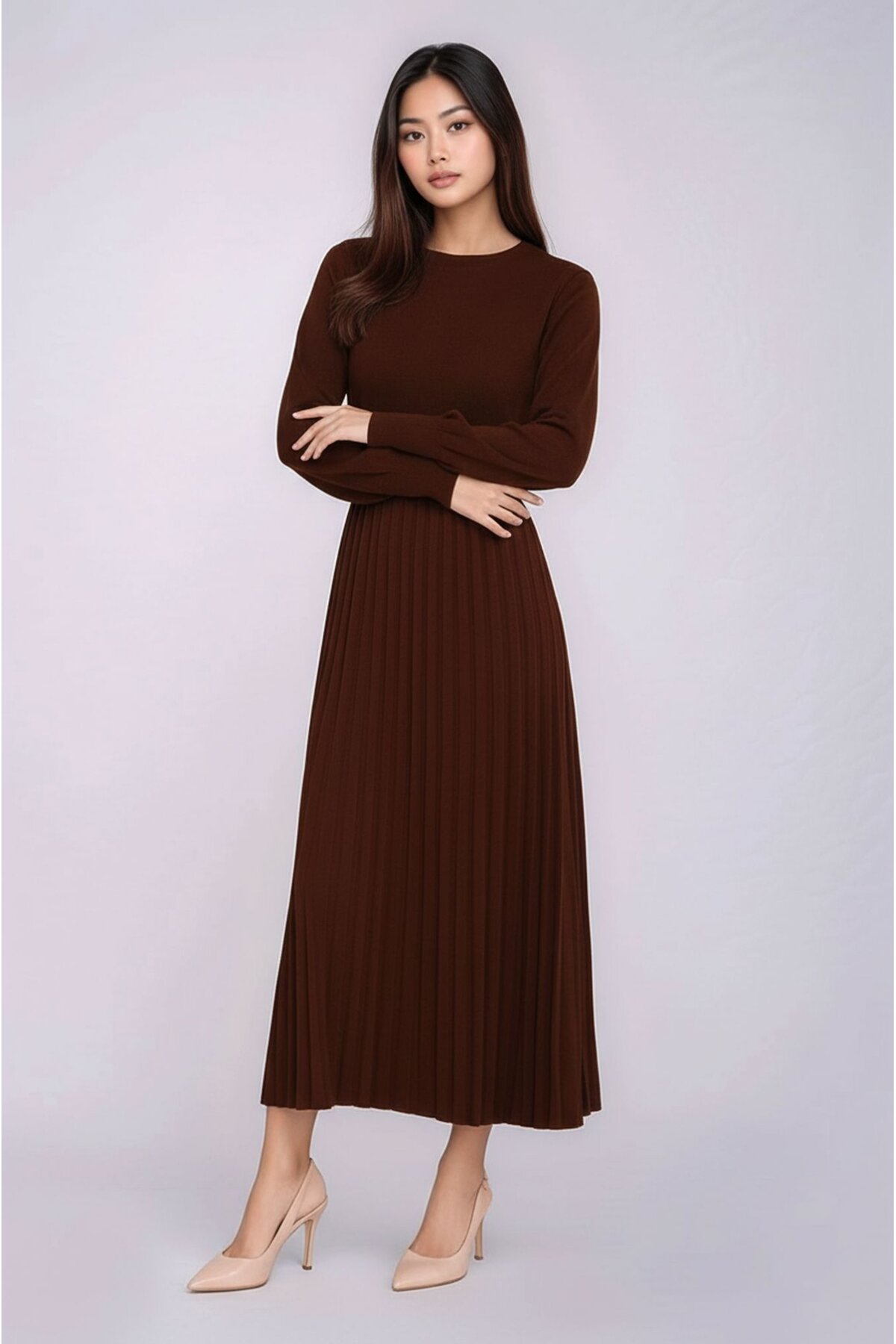 Kadın Uzun Kol Bisiklet Yaka Belden Asimetrik Etek Triko Spor Şık Elbise