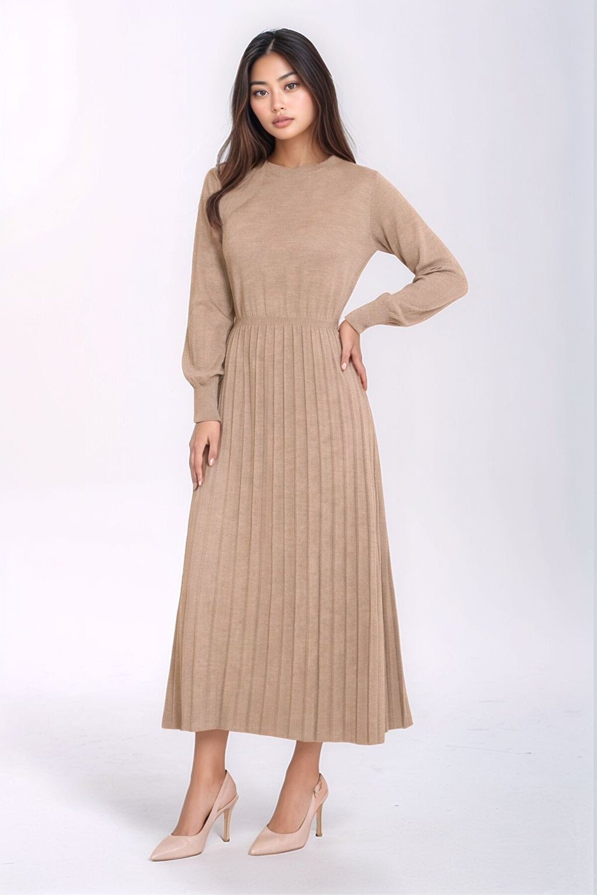 Kadın Uzun Kol Bisiklet Yaka Belden Asimetrik Etek Triko Spor Şık Elbise