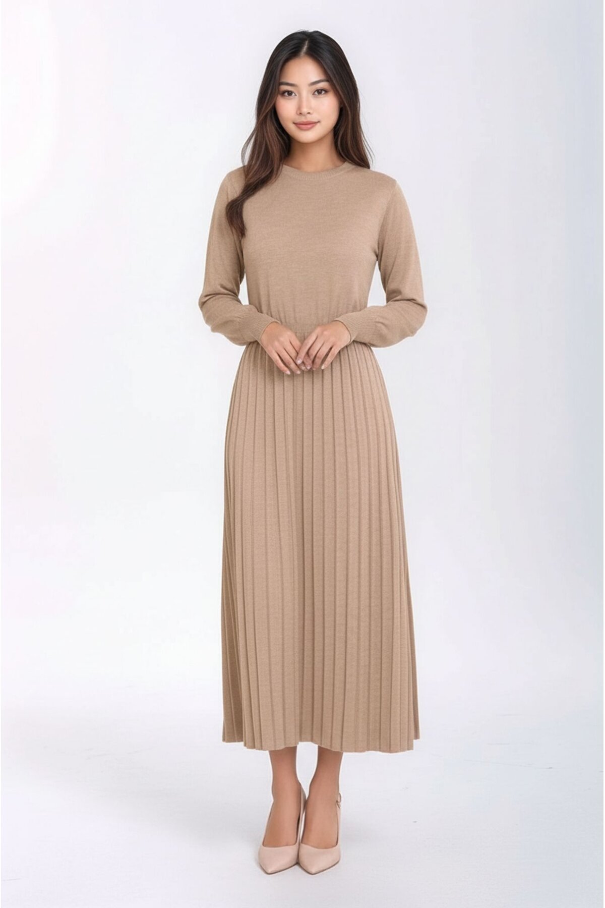 Kadın Uzun Kol Bisiklet Yaka Belden Asimetrik Etek Triko Spor Şık Elbise