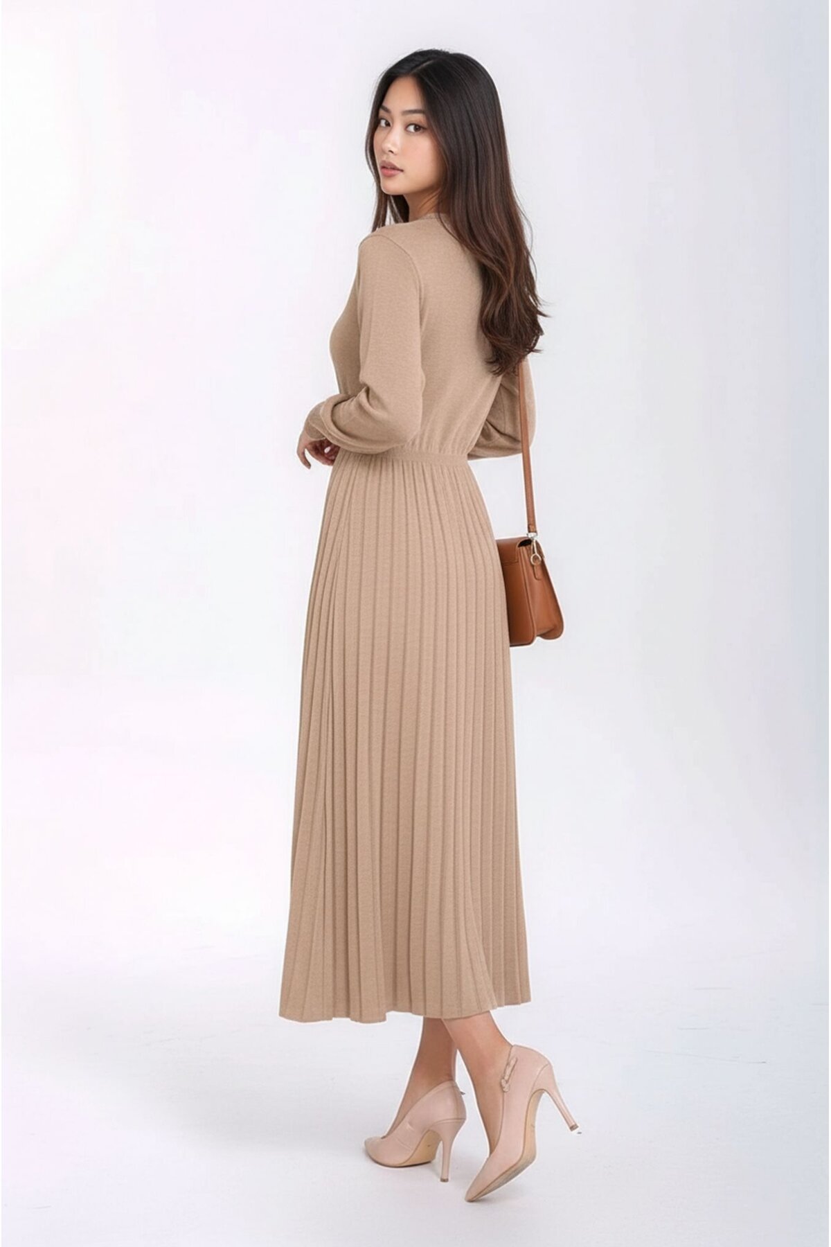 Kadın Uzun Kol Bisiklet Yaka Belden Asimetrik Etek Triko Spor Şık Elbise