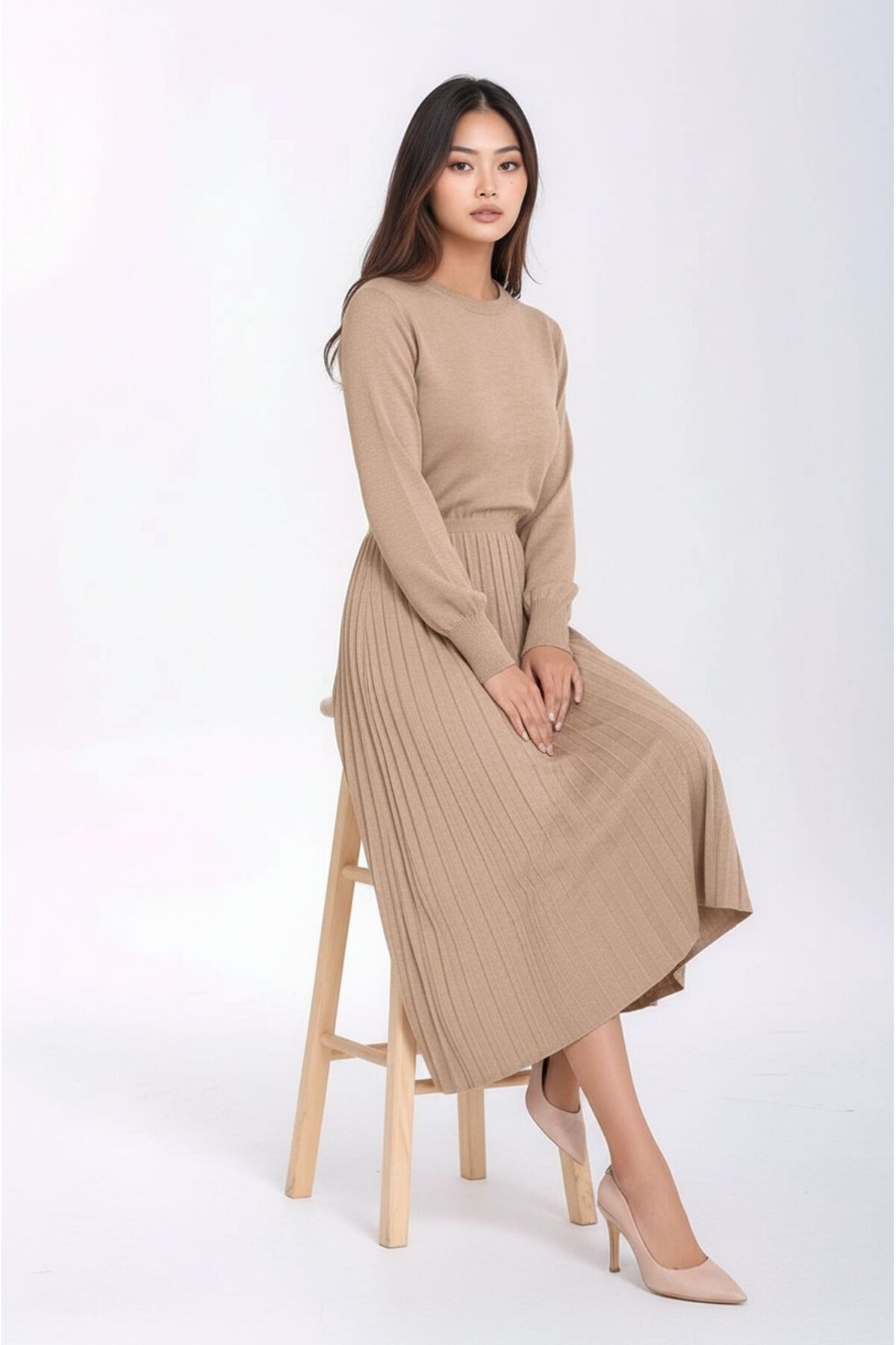 Kadın Uzun Kol Bisiklet Yaka Belden Asimetrik Etek Triko Spor Şık Elbise