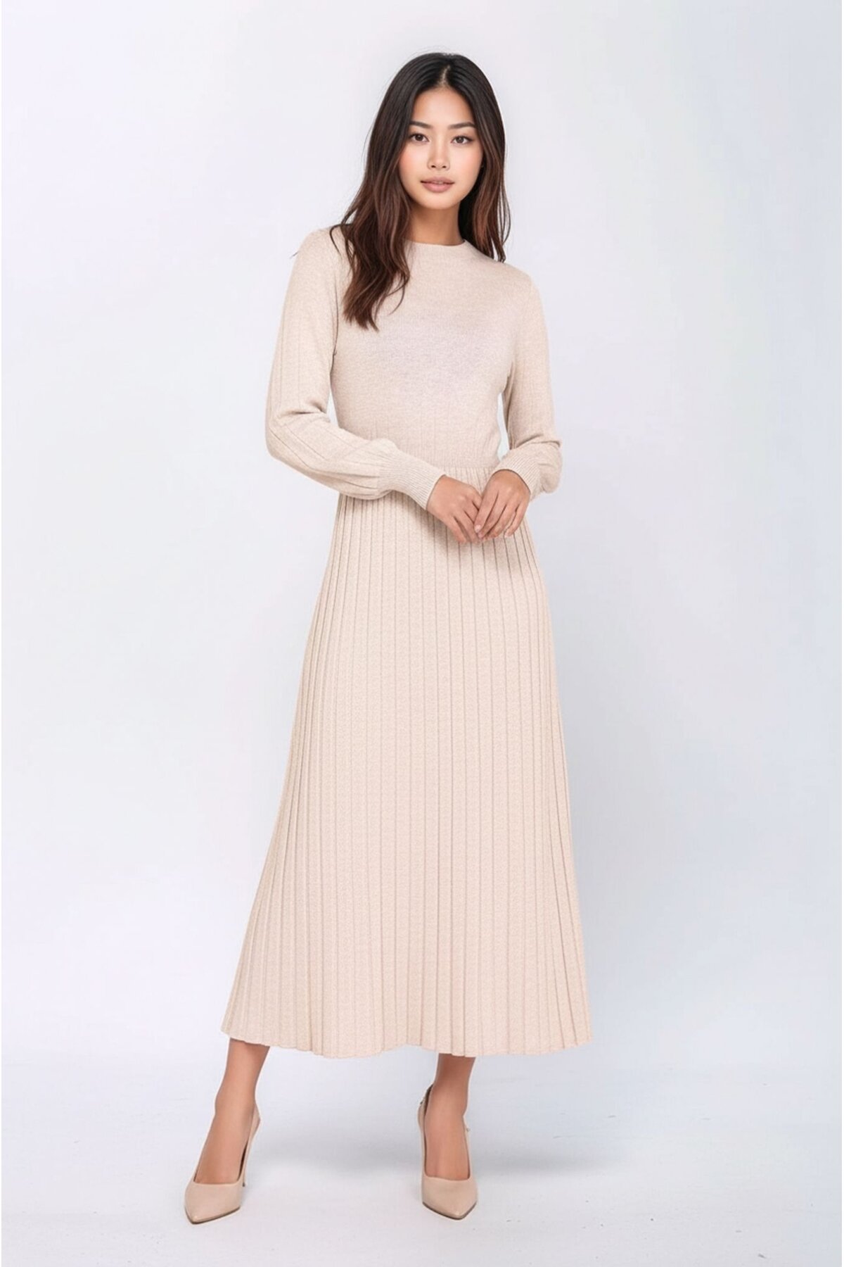 Kadın Uzun Kol Bisiklet Yaka Belden Asimetrik Etek Triko Spor Şık Elbise