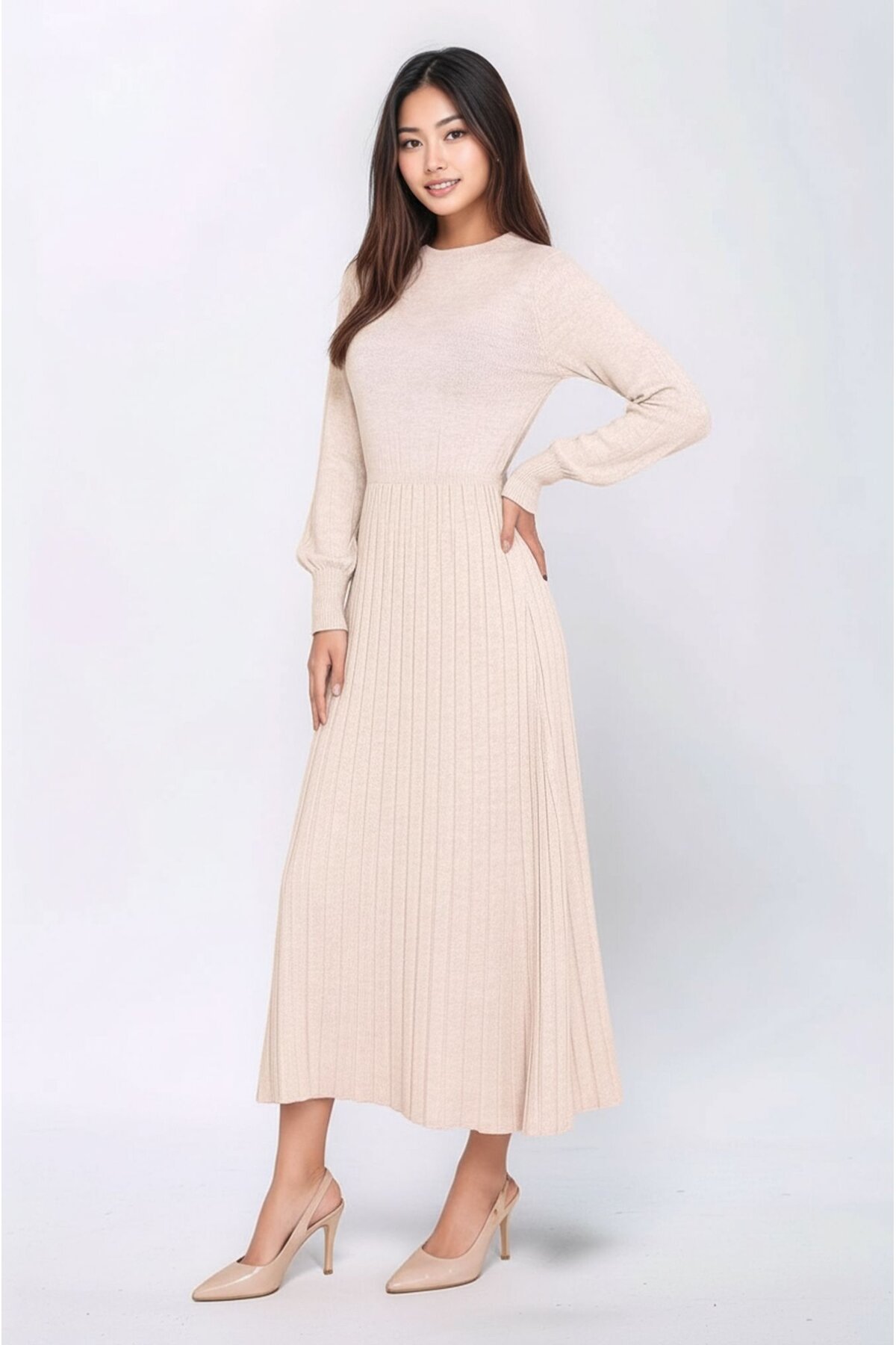 Kadın Uzun Kol Bisiklet Yaka Belden Asimetrik Etek Triko Spor Şık Elbise