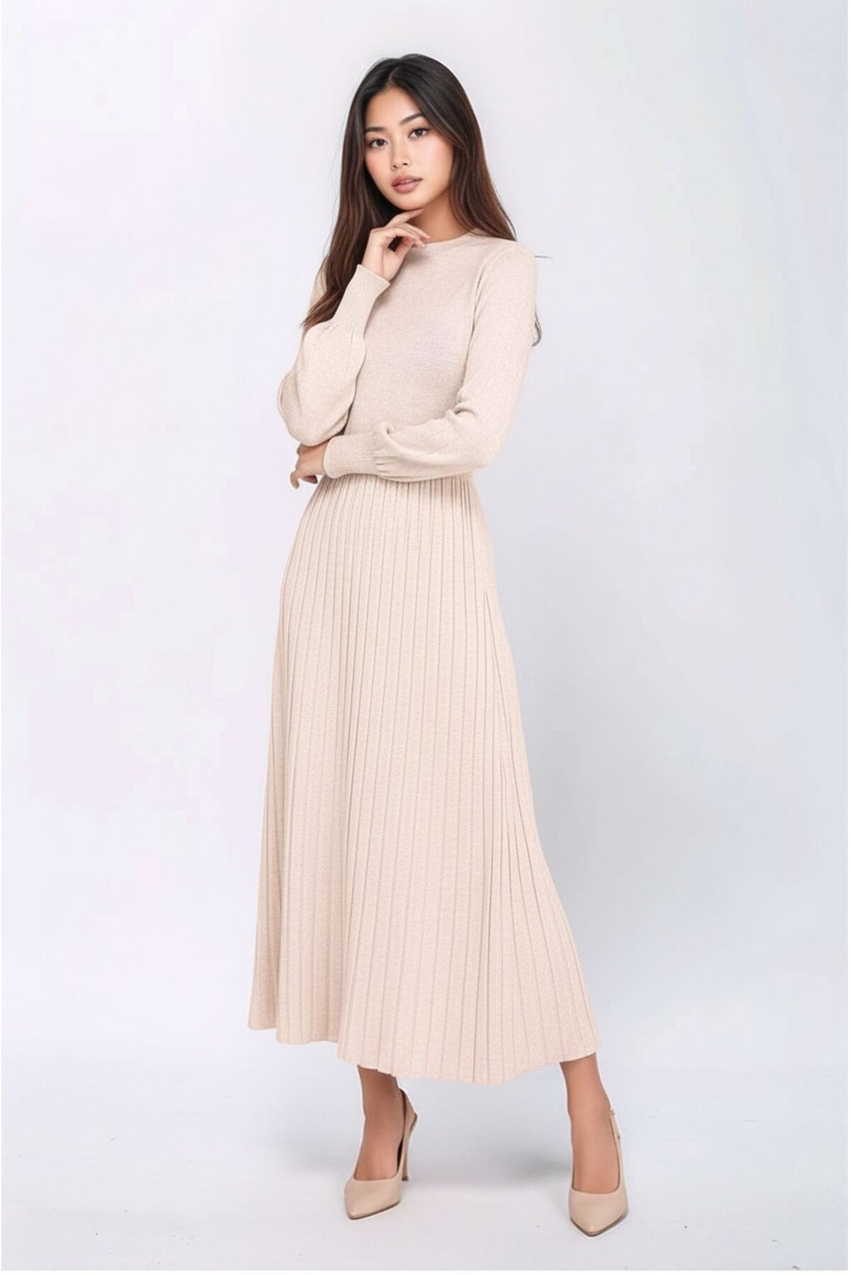 Kadın Uzun Kol Bisiklet Yaka Belden Asimetrik Etek Triko Spor Şık Elbise