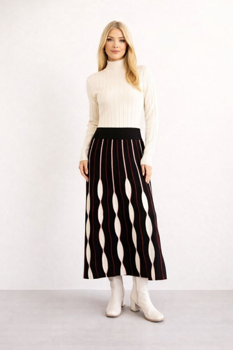 Kadın Uzun Kol Bisiklet Yaka Eteği Renkli Katlı Spor Şık Tesettüre Uygun Triko Tasarım Elbise