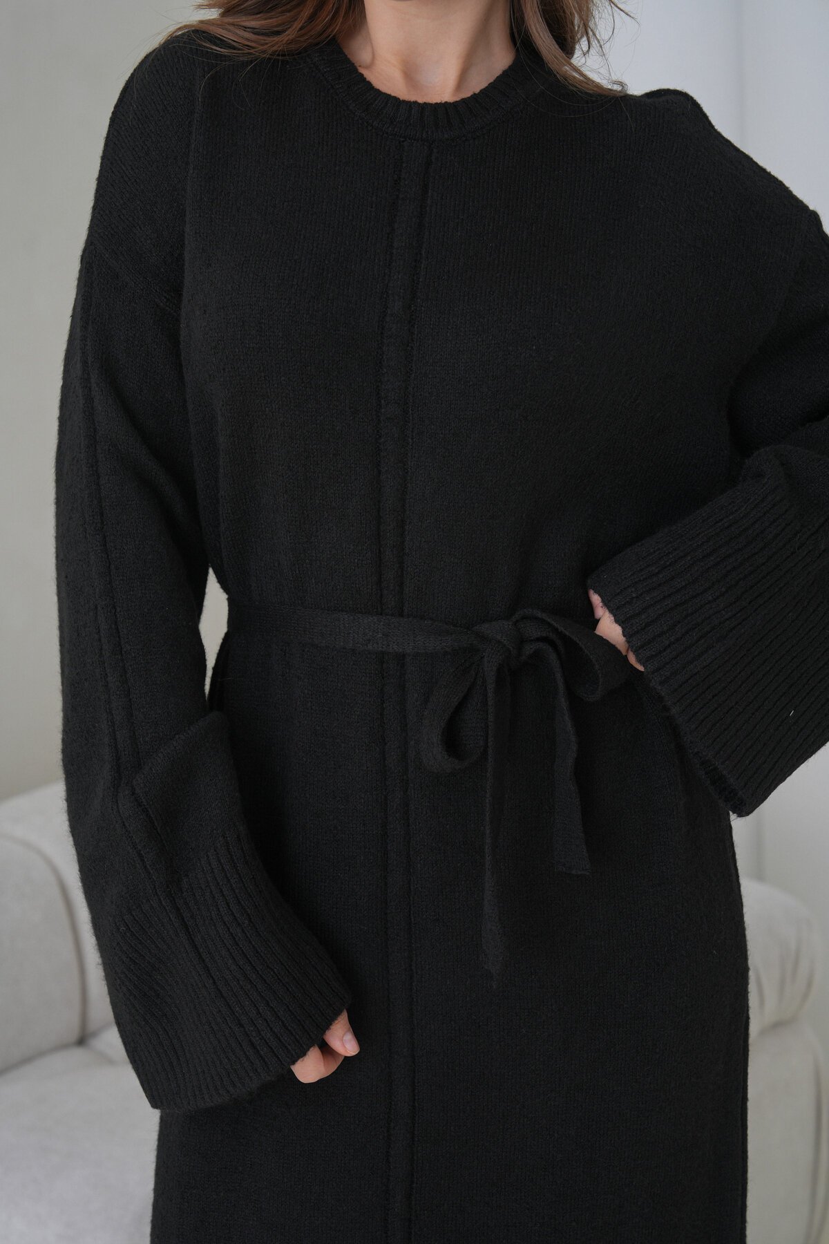 Kadın Uzun Kol Bisiklet Yaka Tesettüre Uygun Dokulu Kuşaklı Triko Spor Şık Maxi Boy Uzun Elbise