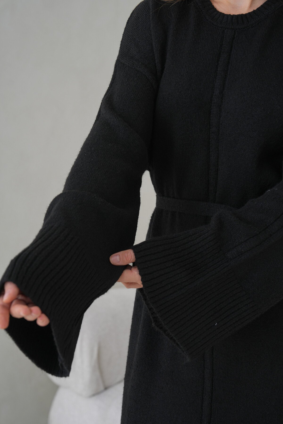 Kadın Uzun Kol Bisiklet Yaka Tesettüre Uygun Dokulu Kuşaklı Triko Spor Şık Maxi Boy Uzun Elbise