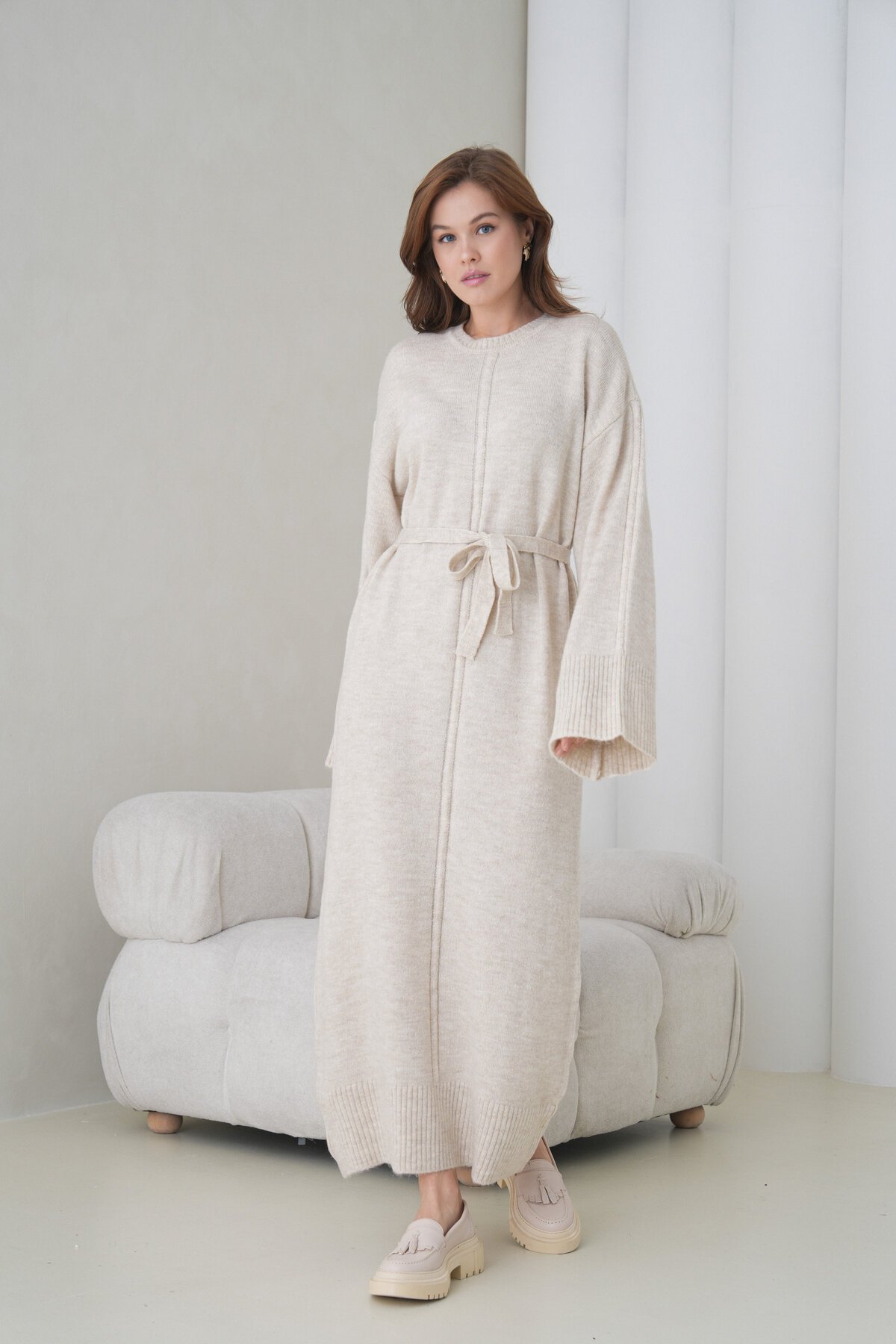 Kadın Uzun Kol Bisiklet Yaka Tesettüre Uygun Dokulu Kuşaklı Triko Spor Şık Maxi Boy Uzun Elbise