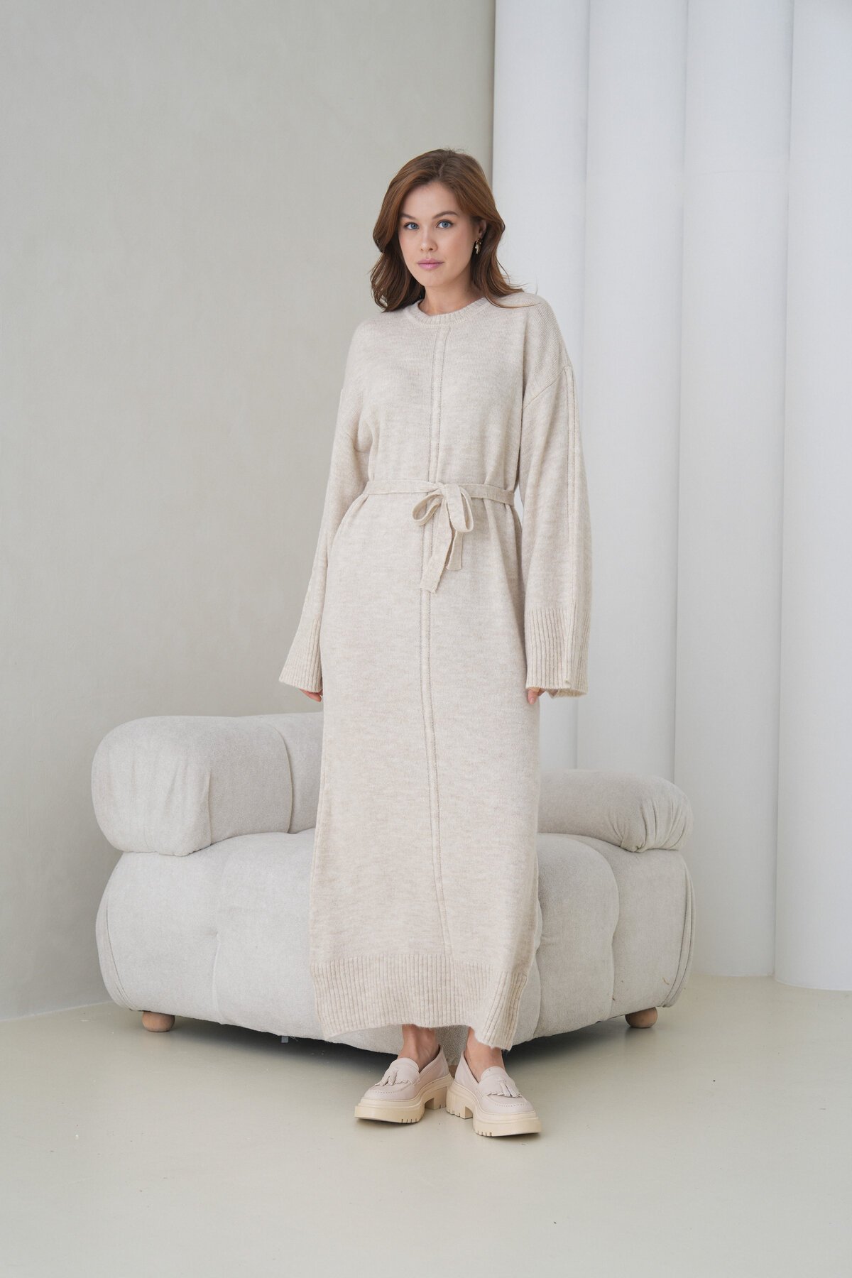 Kadın Uzun Kol Bisiklet Yaka Tesettüre Uygun Dokulu Kuşaklı Triko Spor Şık Maxi Boy Uzun Elbise