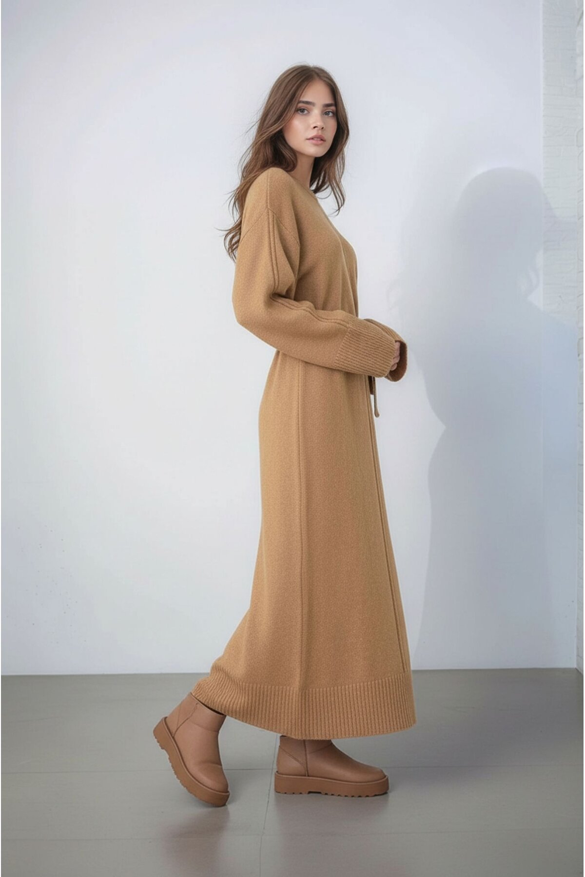 Kadın Uzun Kol Bisiklet Yaka Tesettüre Uygun Dokulu Kuşaklı Triko Spor Şık Maxi Boy Uzun Elbise