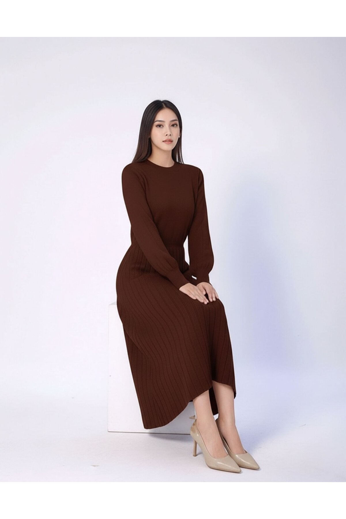 Kadın Uzun Kol Bisiklet Yaka Triko Belden Asimetrik Etek Triko Spor Şık Elbise