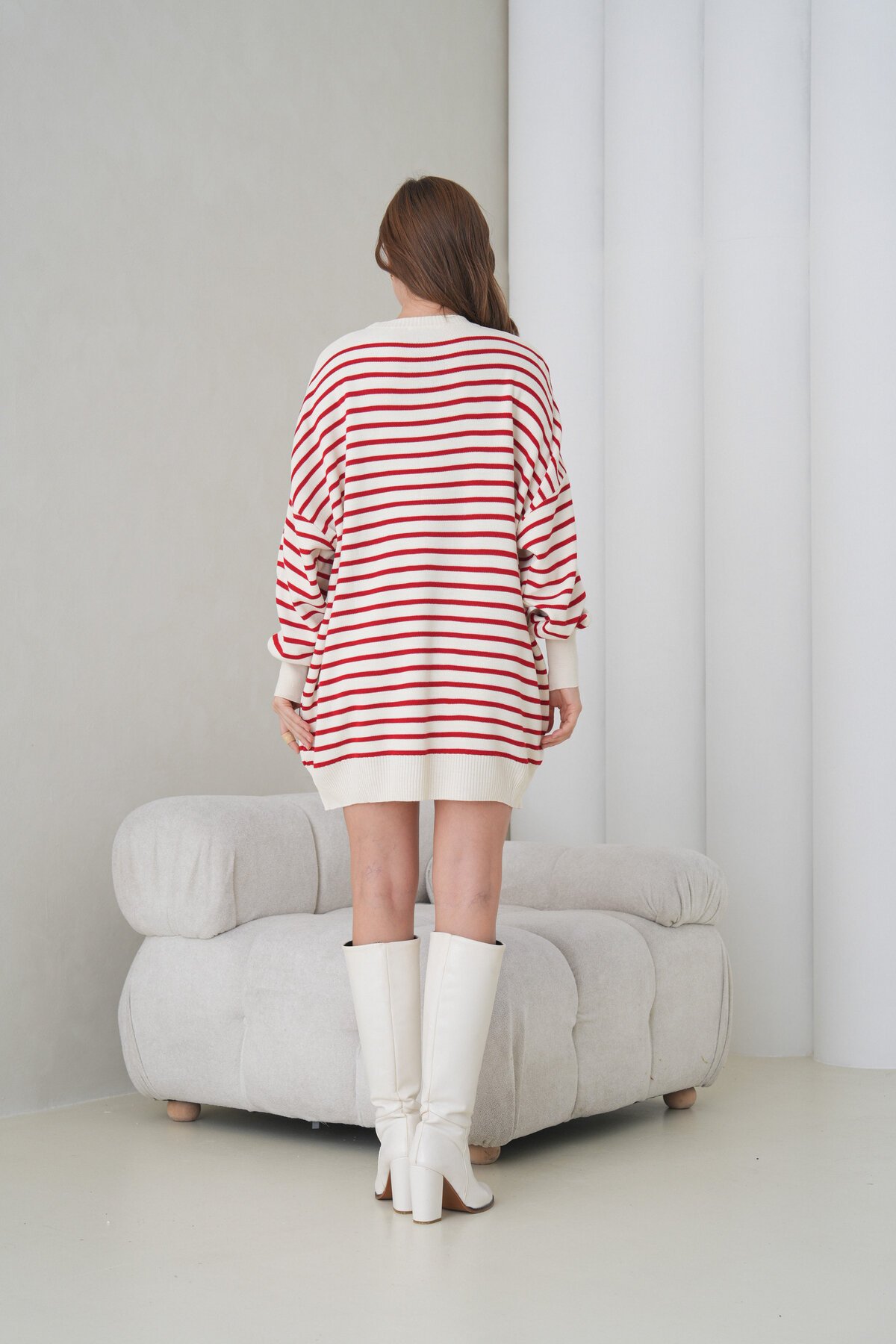 Kadın Uzun Kol Bisiklet Yaka Tunik Boy Çizgili Oversize Şık Kışlık Triko Kazak Elbise