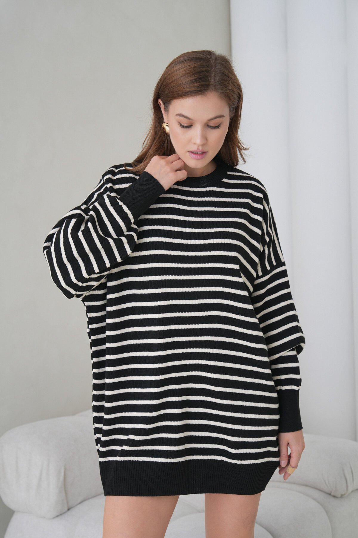 Kadın Uzun Kol Bisiklet Yaka Tunik Boy Çizgili Oversize Şık Kışlık Triko Kazak Elbise