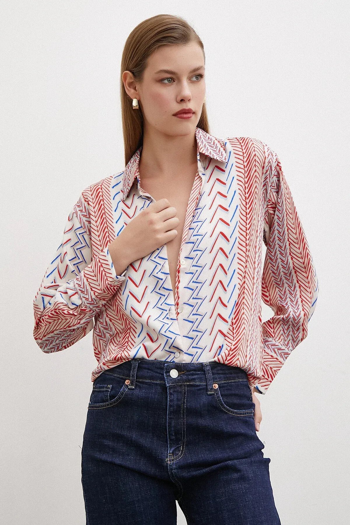 Kadın Uzun Kol Geometrik Desenli Renkli Pamuk Saten Premium Kalite Spor Şık Gömlek