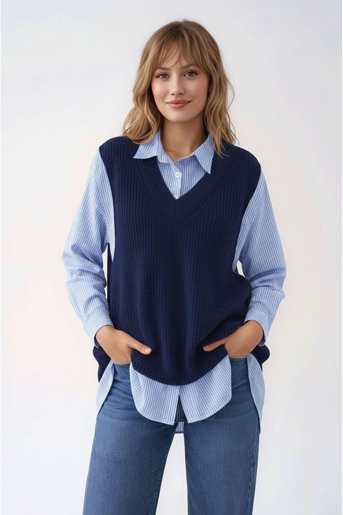 Kadın Uzun Kol Gömlek Yaka İçi Gömlekli Triko Yelekli Spor Şık Gömlek Kazak